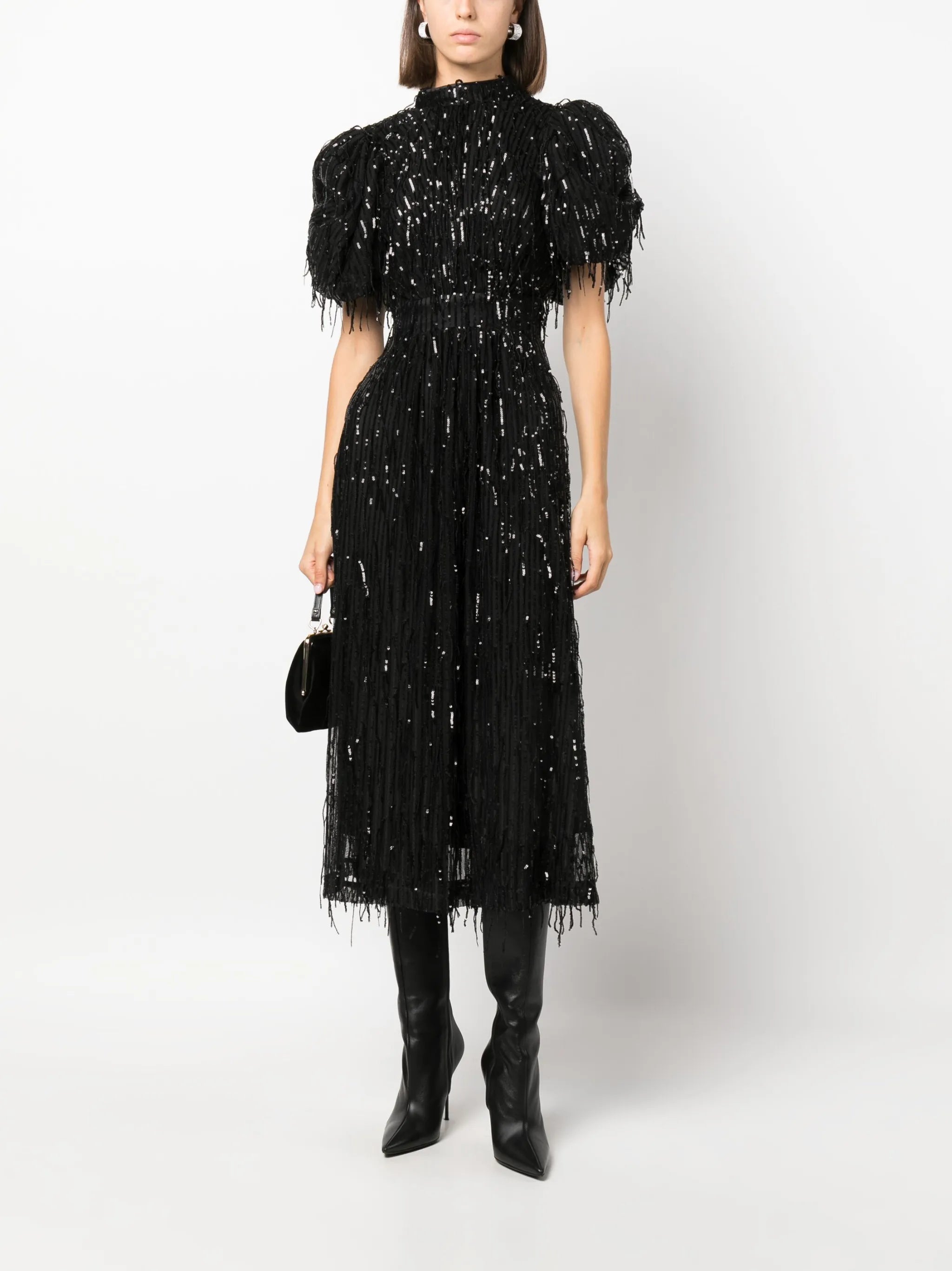 sequin-embellished puff-sleeve midi dress