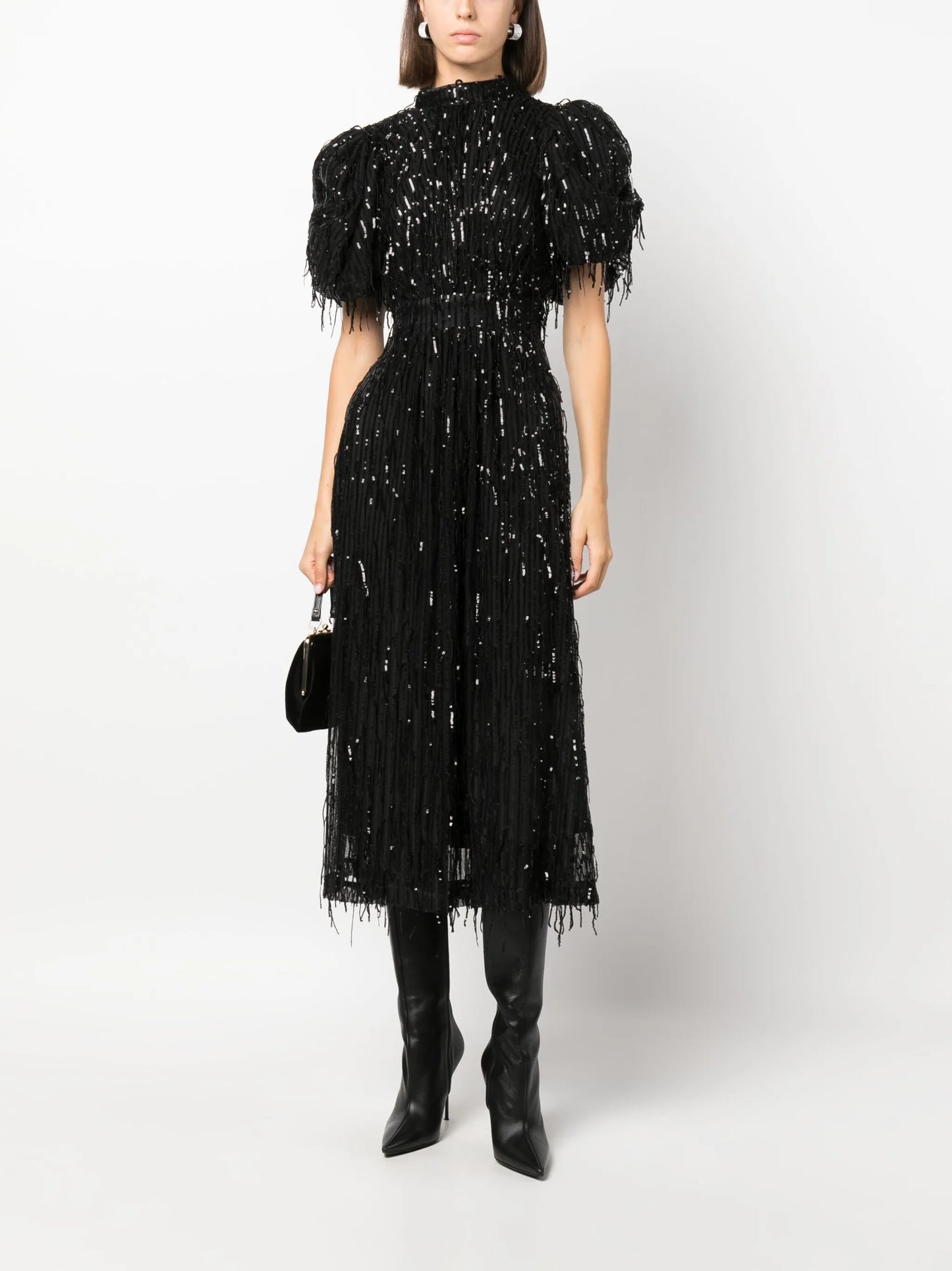 sequin-embellished puff-sleeve midi dress
