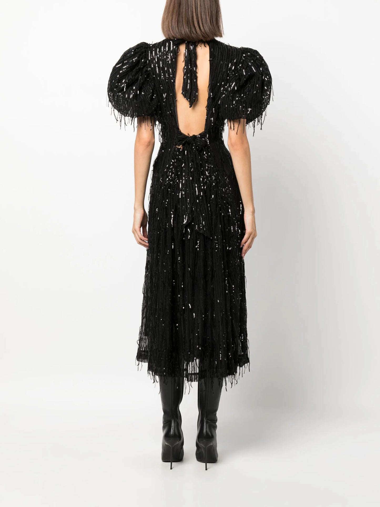 sequin-embellished puff-sleeve midi dress