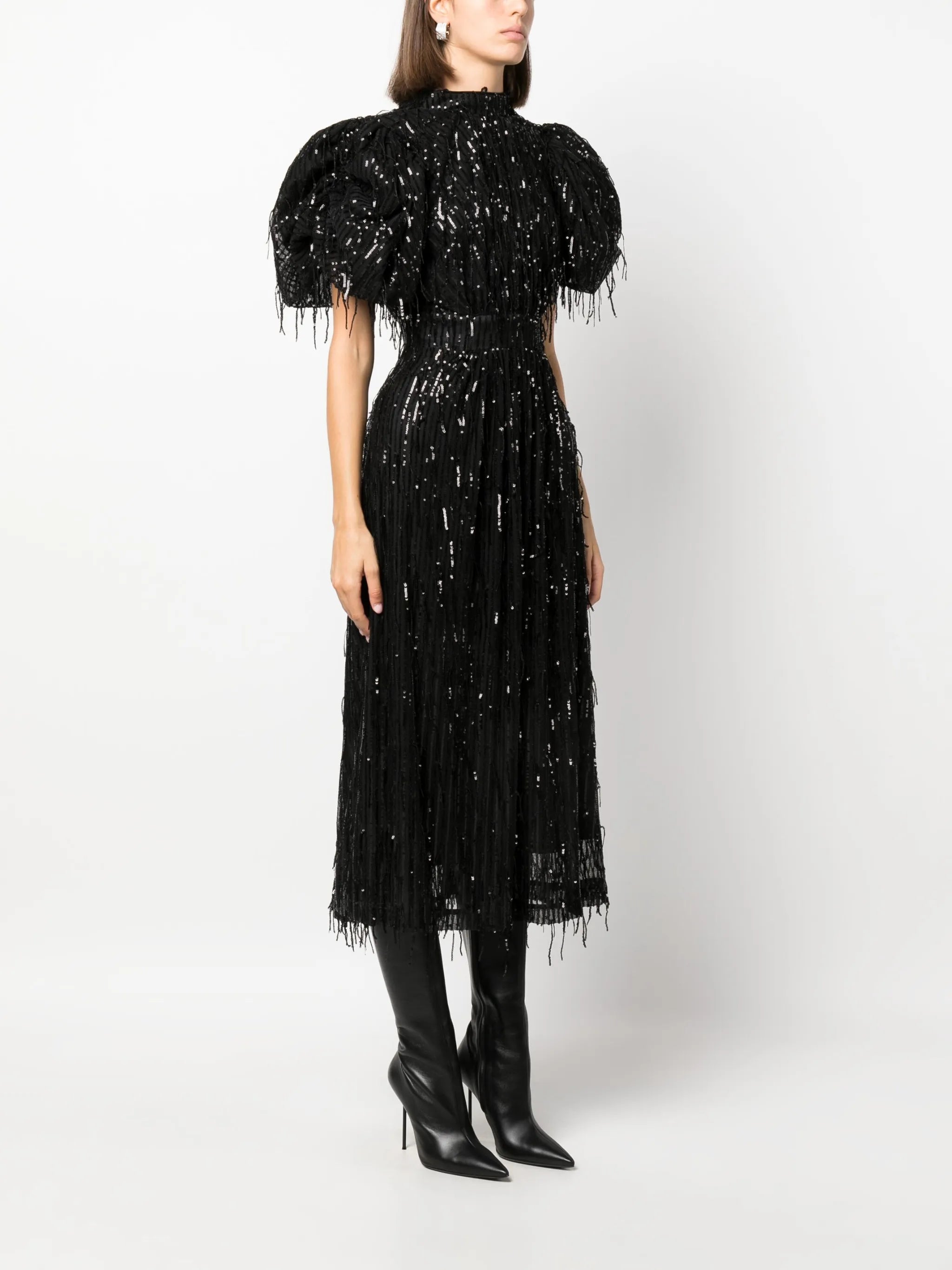 sequin-embellished puff-sleeve midi dress