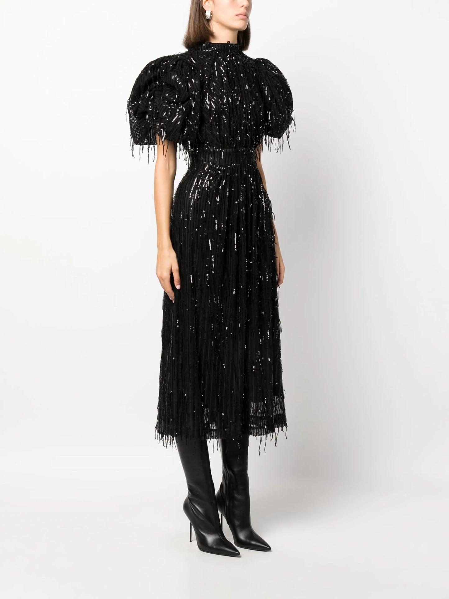sequin-embellished puff-sleeve midi dress