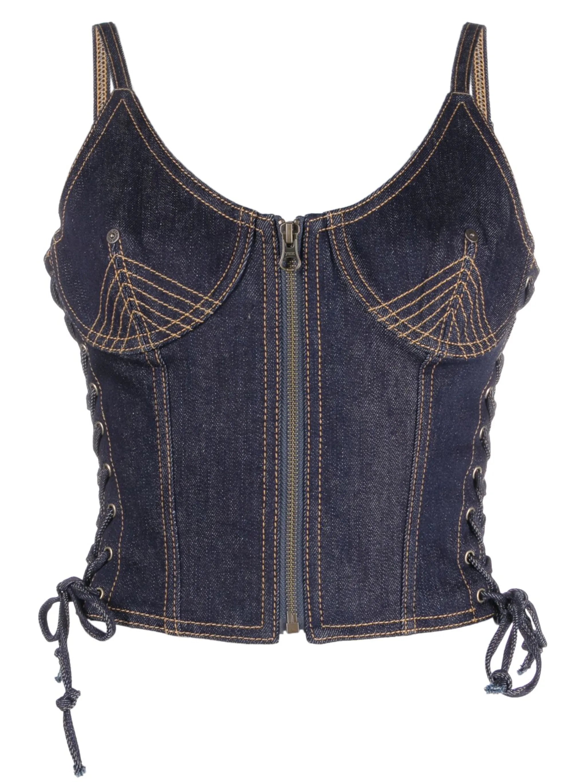 contrast-stitching denim corset top
