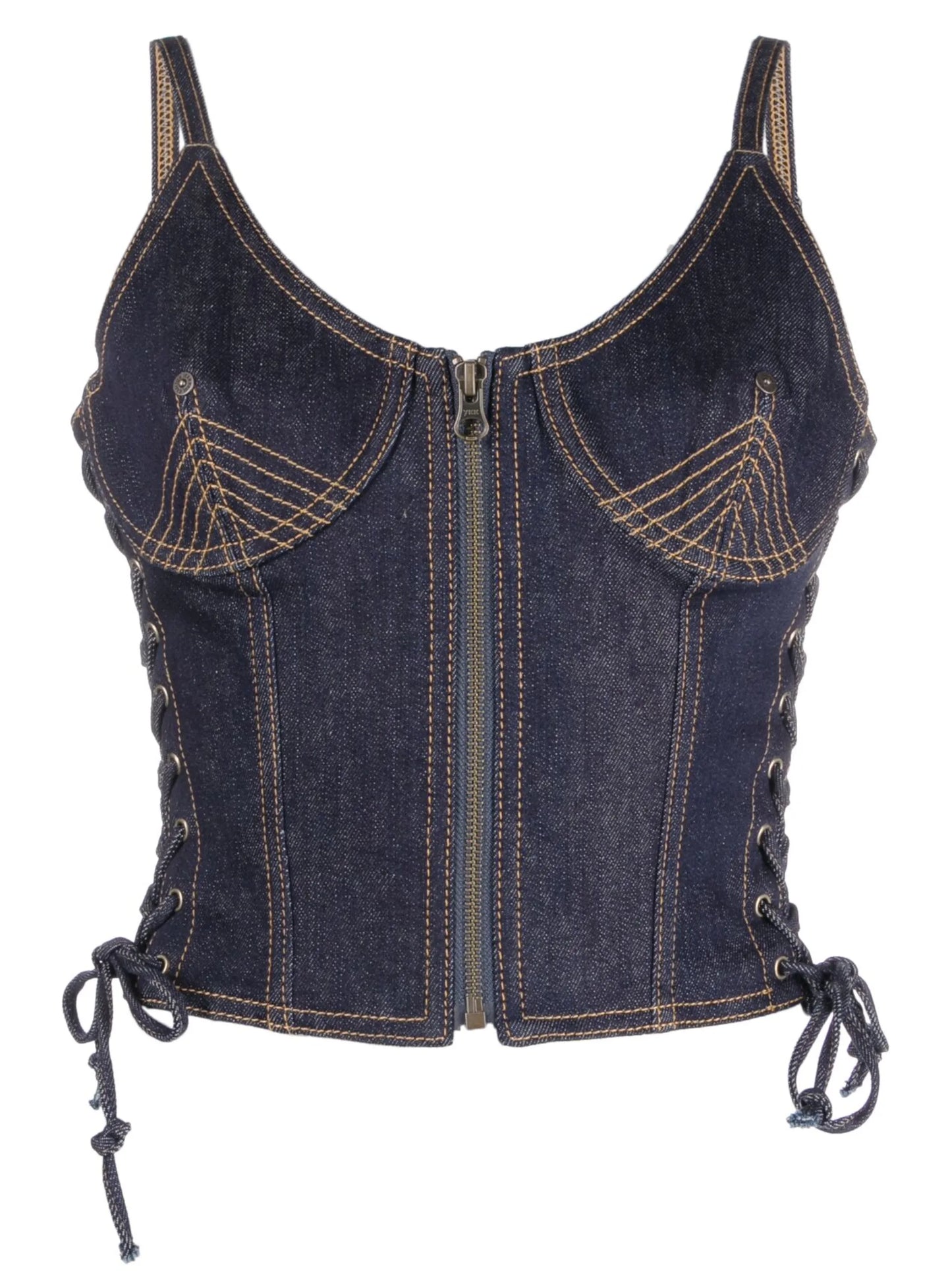 contrast-stitching denim corset top