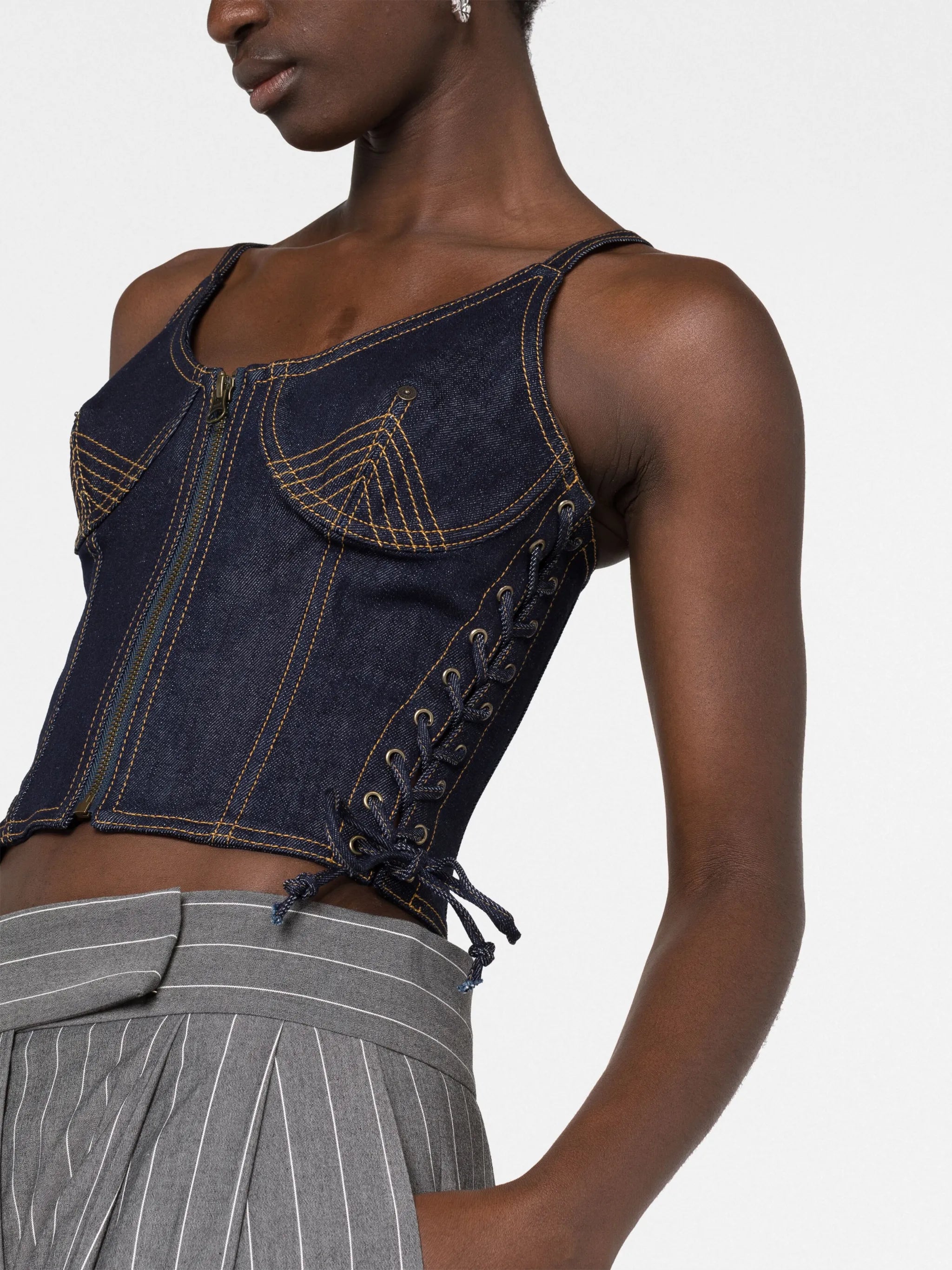 contrast-stitching denim corset top