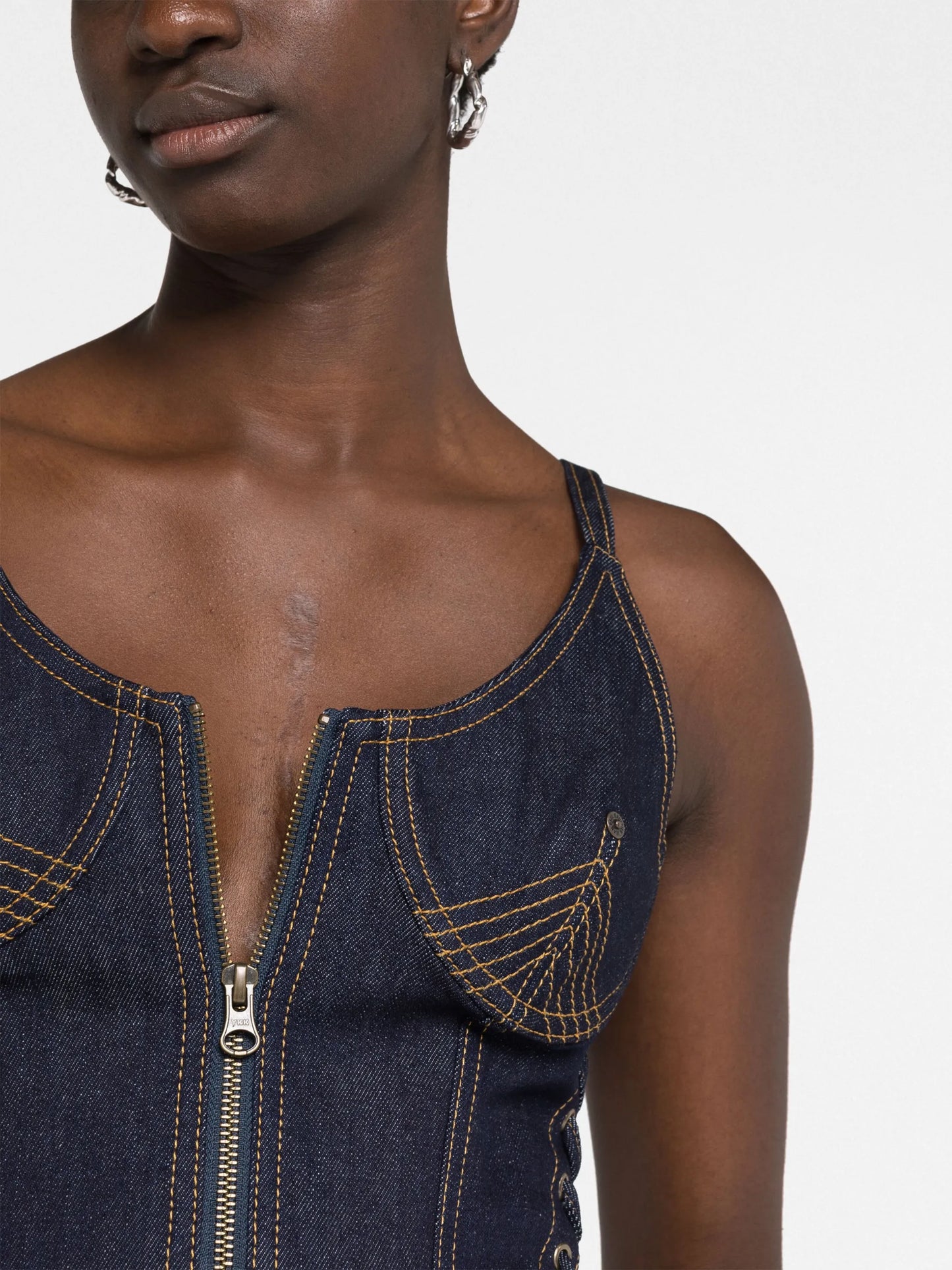 contrast-stitching denim corset top