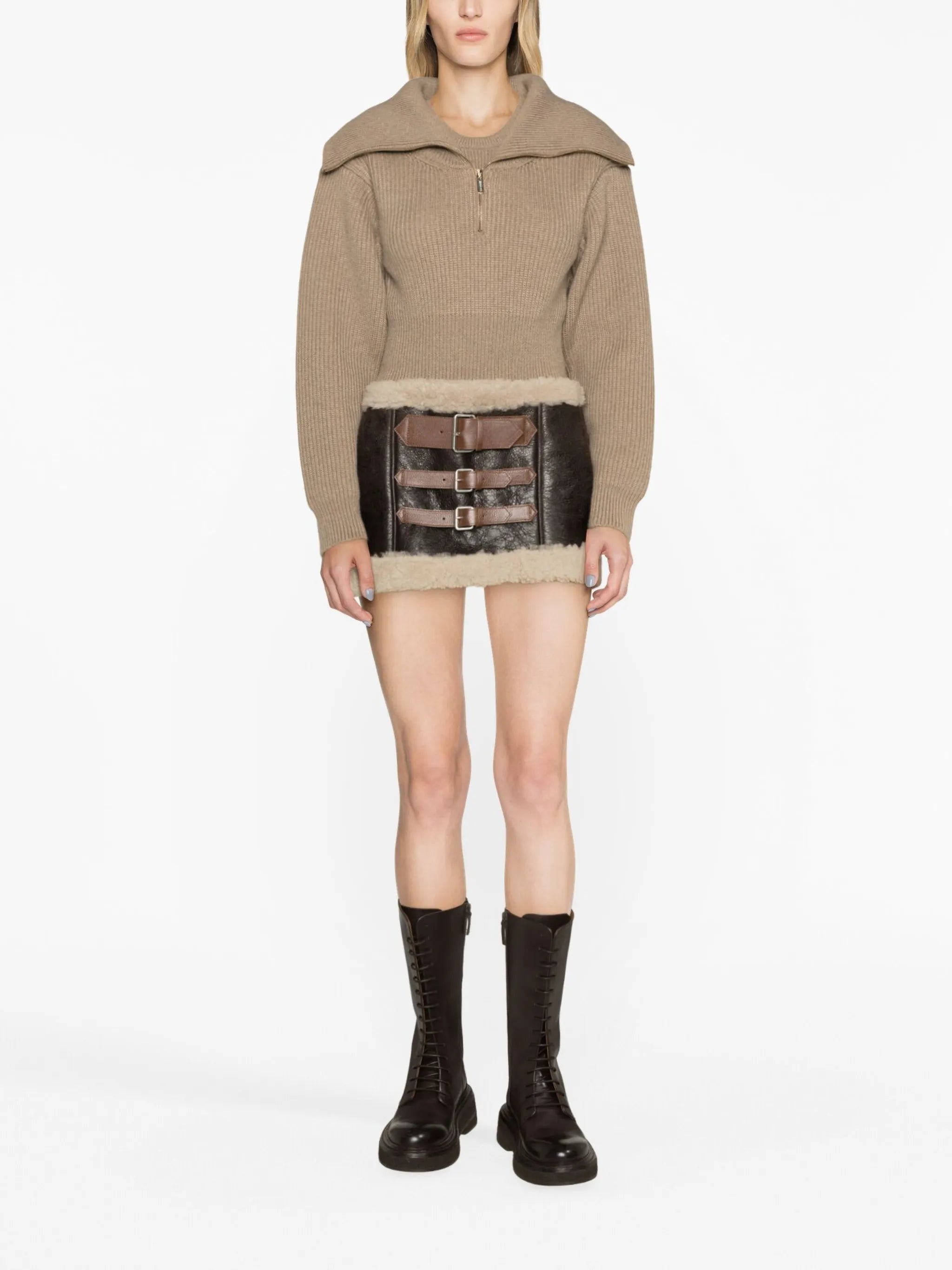 shearling-trim leather miniskirt