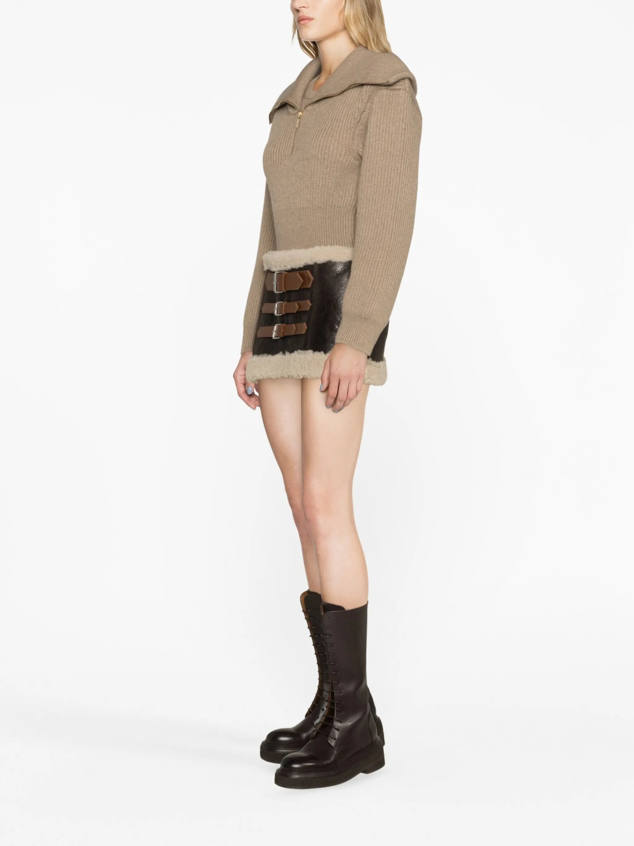 shearling-trim leather miniskirt