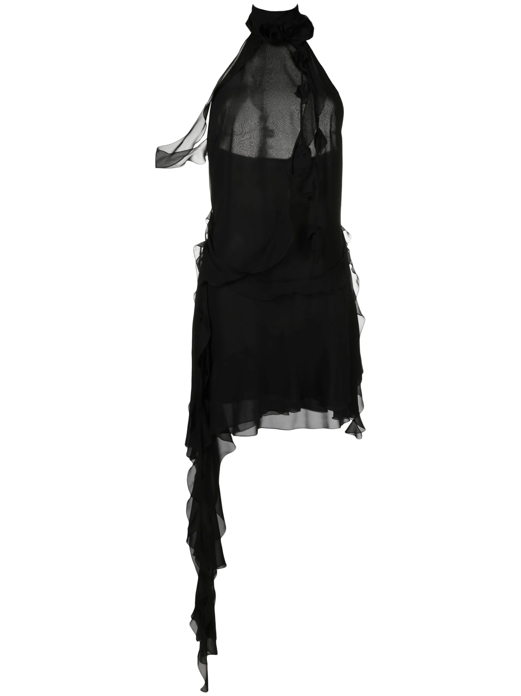 floral-appliqué ruffled halterneck minidress