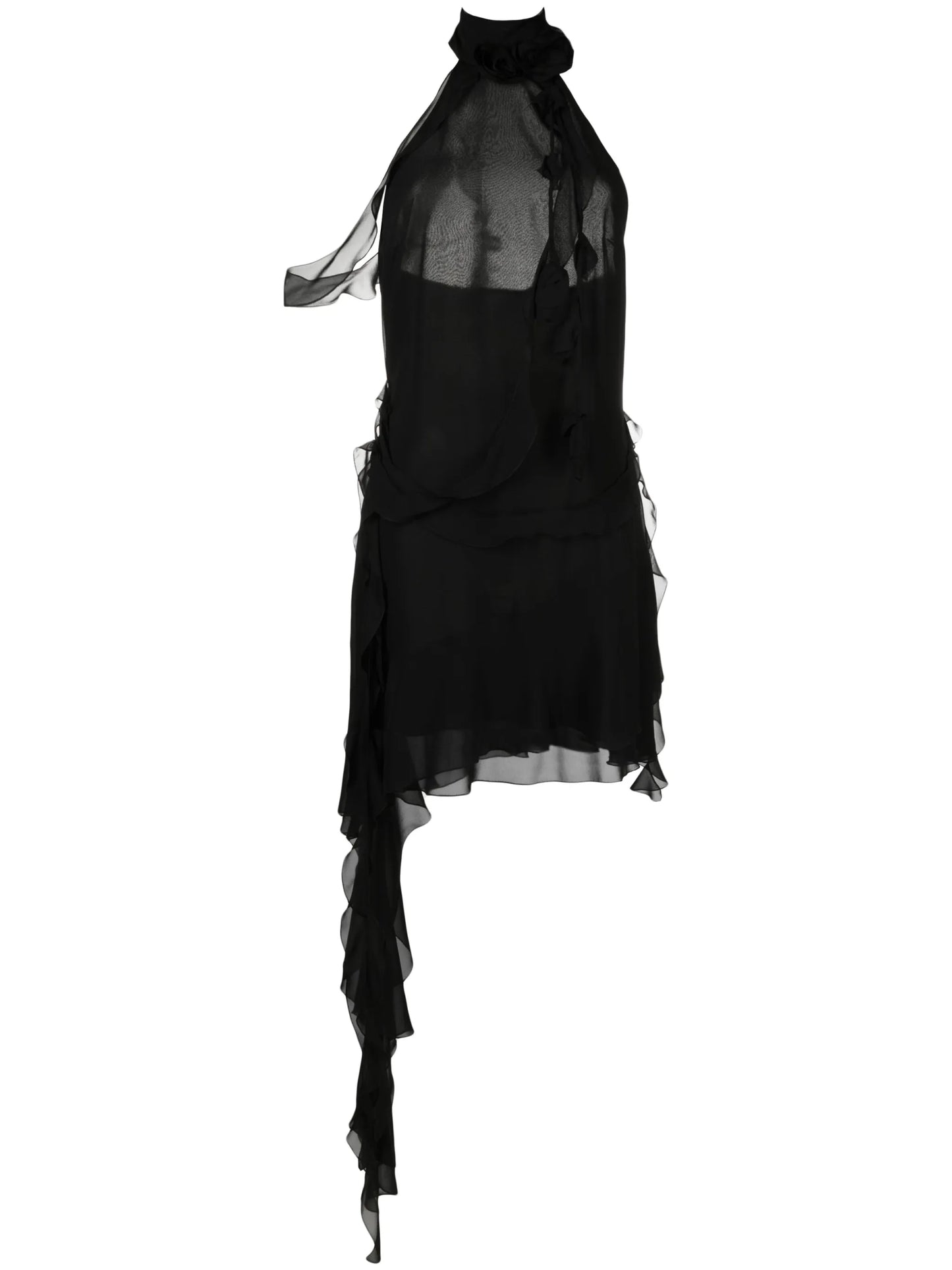 floral-appliqué ruffled halterneck minidress