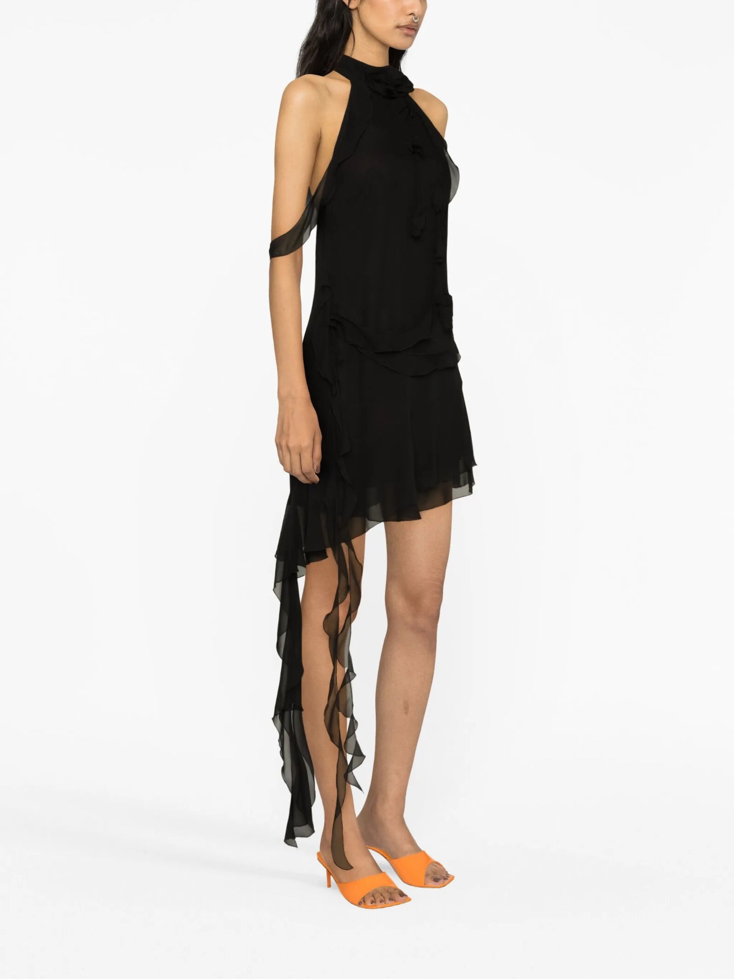 floral-appliqué ruffled halterneck minidress