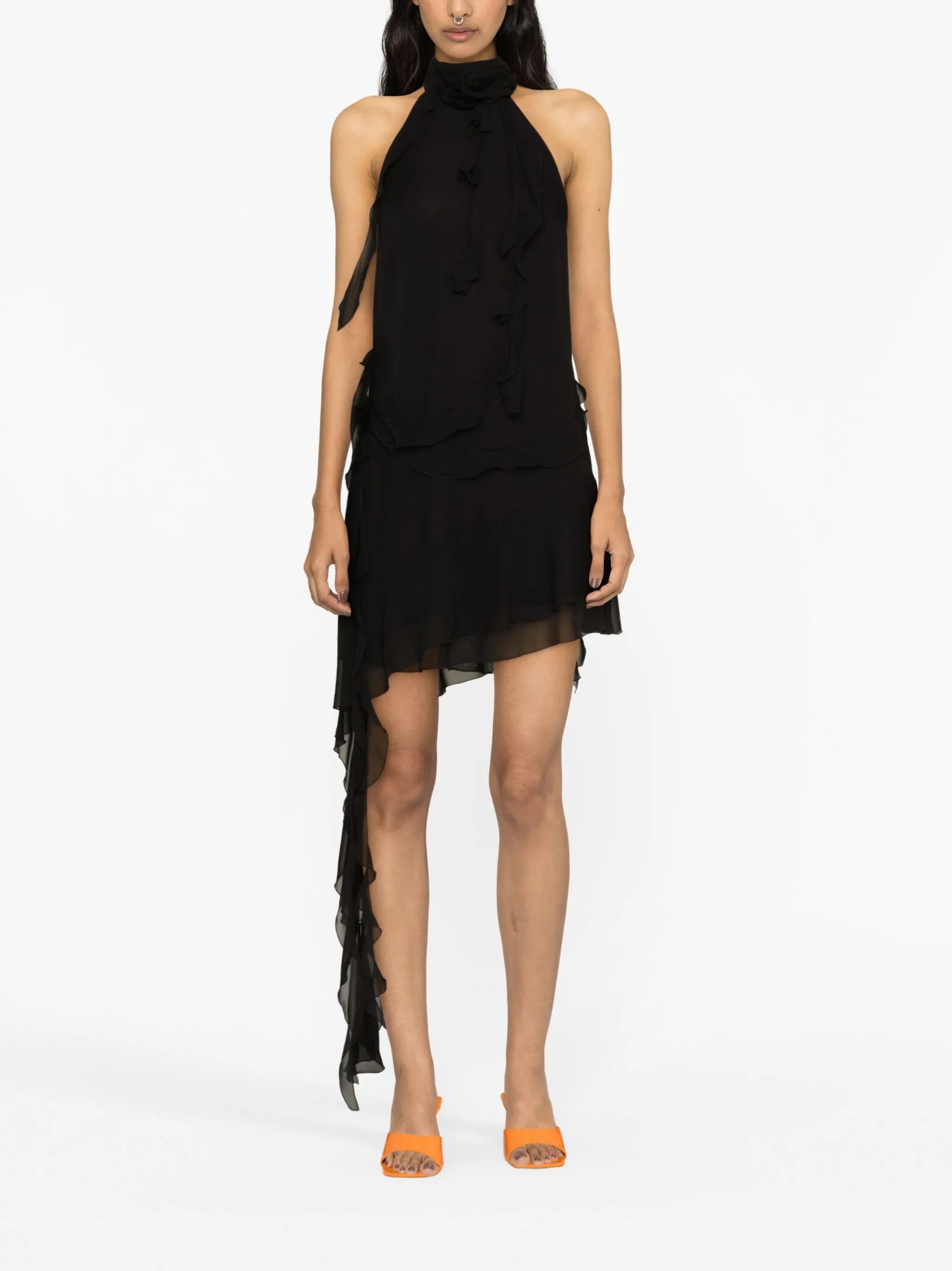 floral-appliqué ruffled halterneck minidress