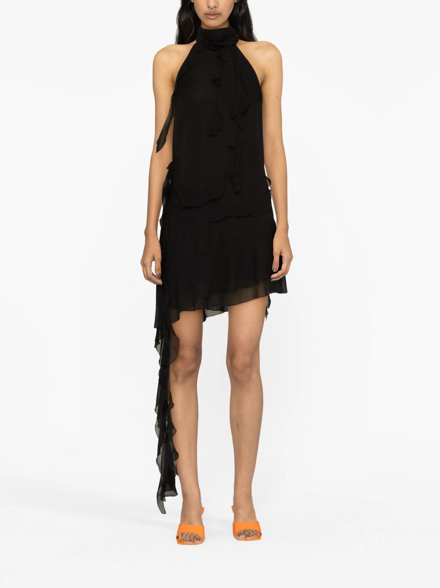 floral-appliqué ruffled halterneck minidress