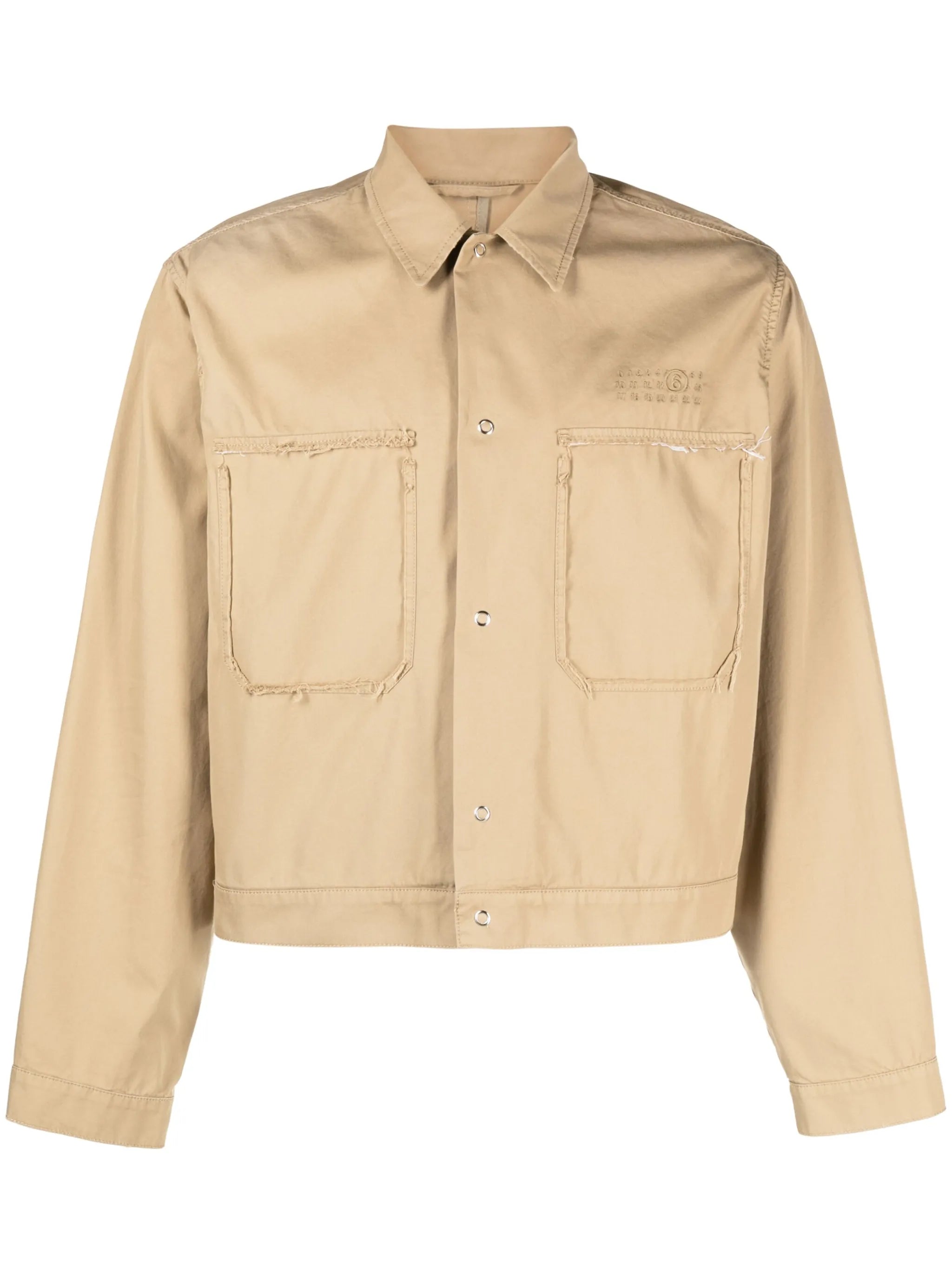 logo-embroidered frayed shirt jacket