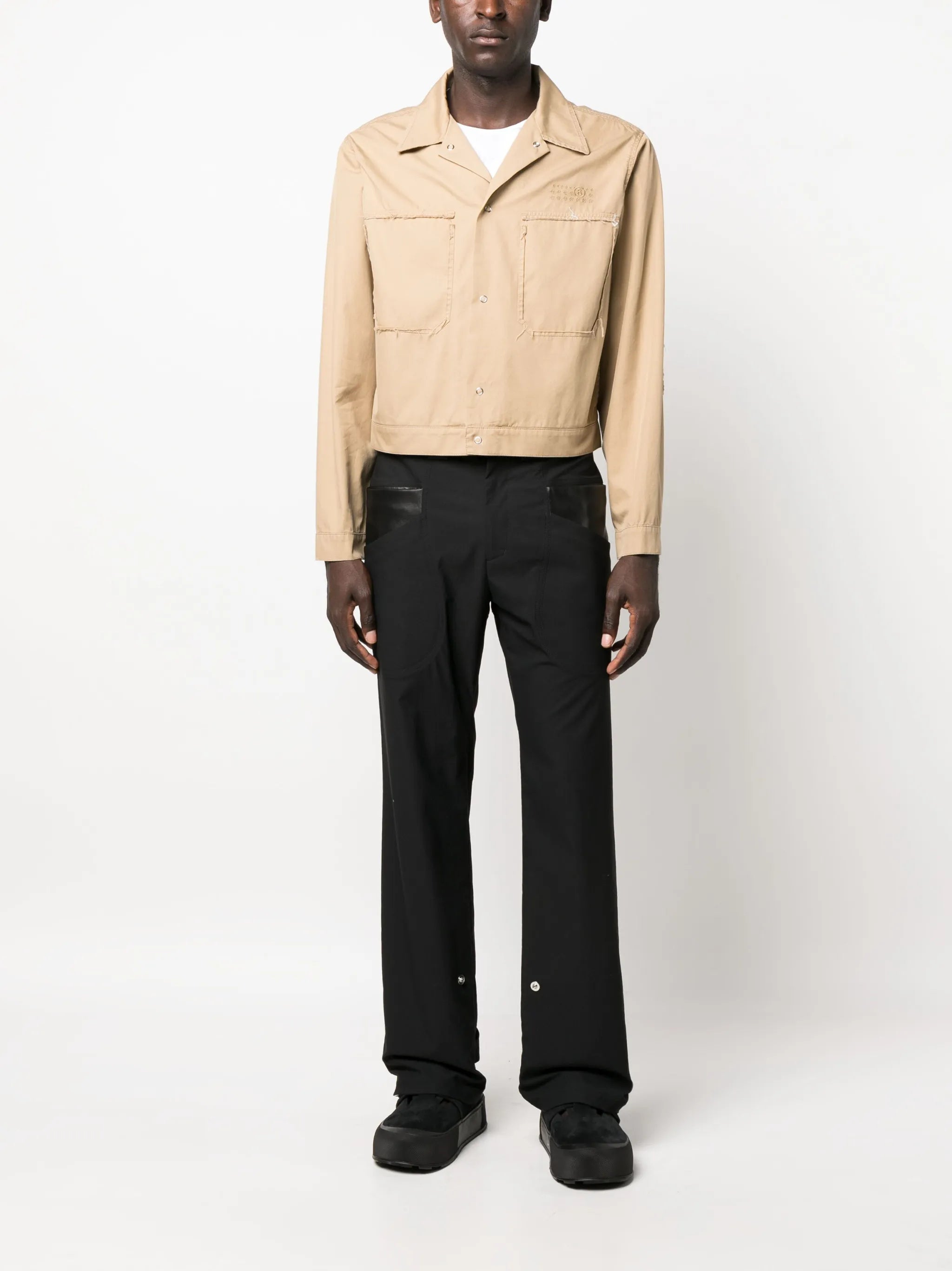 logo-embroidered frayed shirt jacket