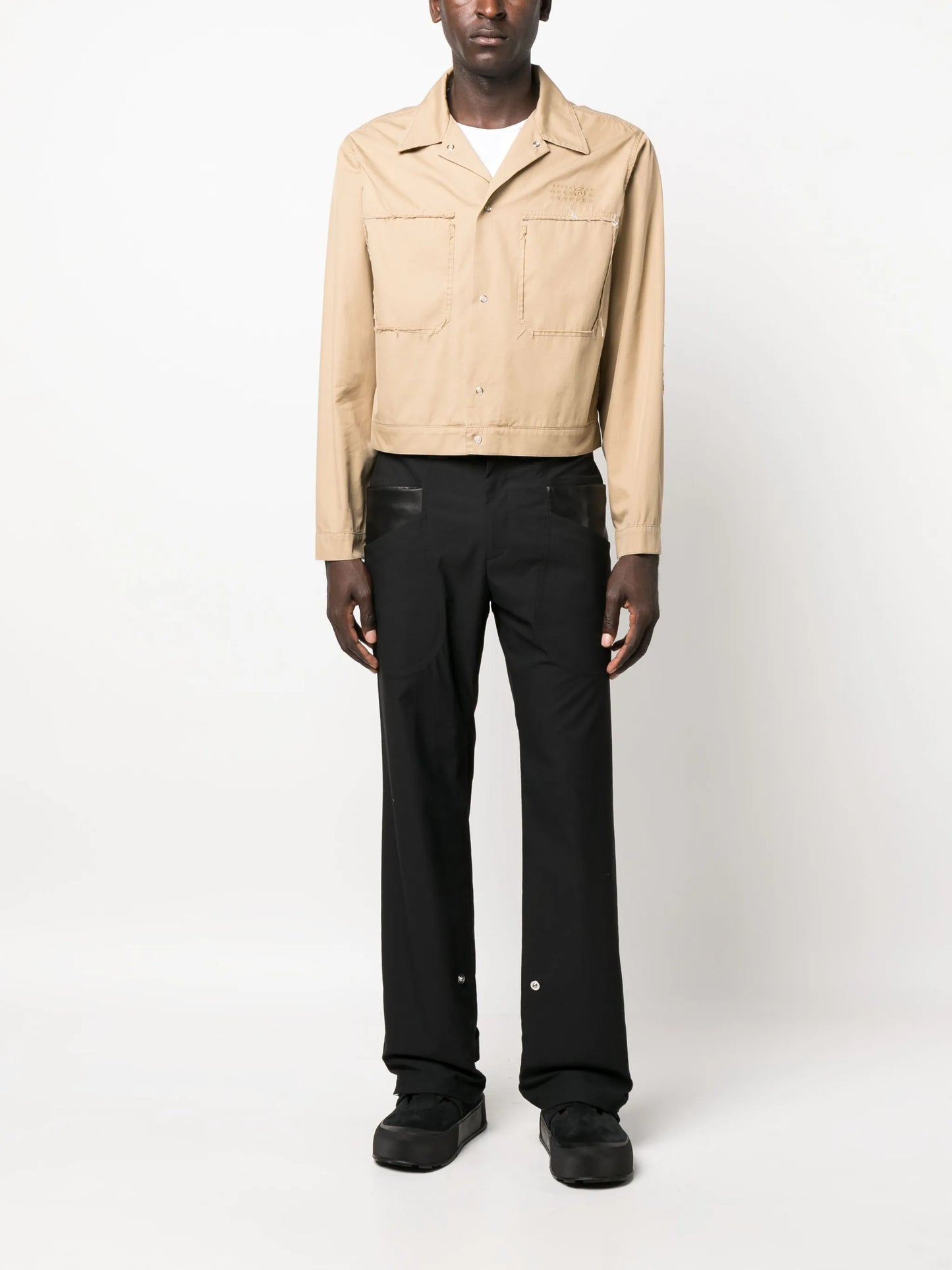 logo-embroidered frayed shirt jacket
