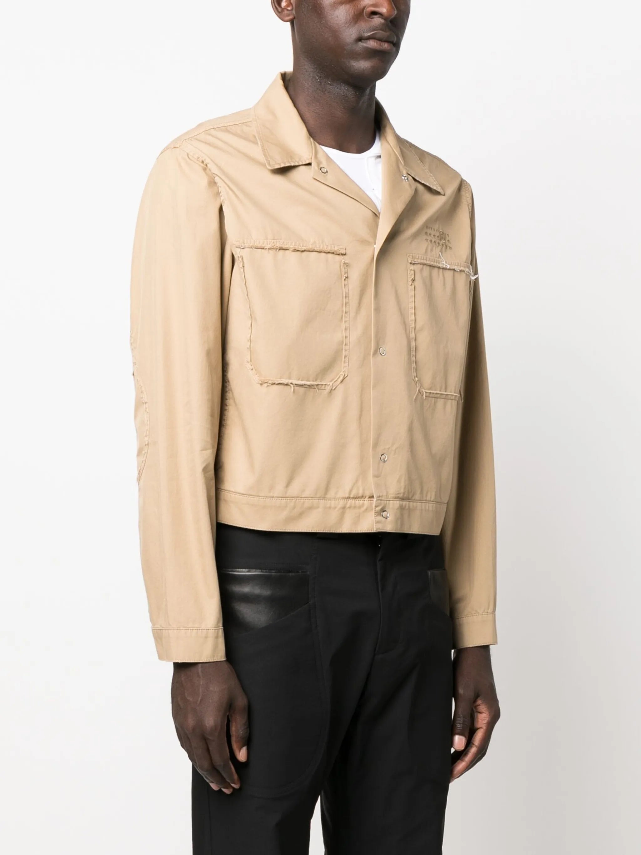logo-embroidered frayed shirt jacket