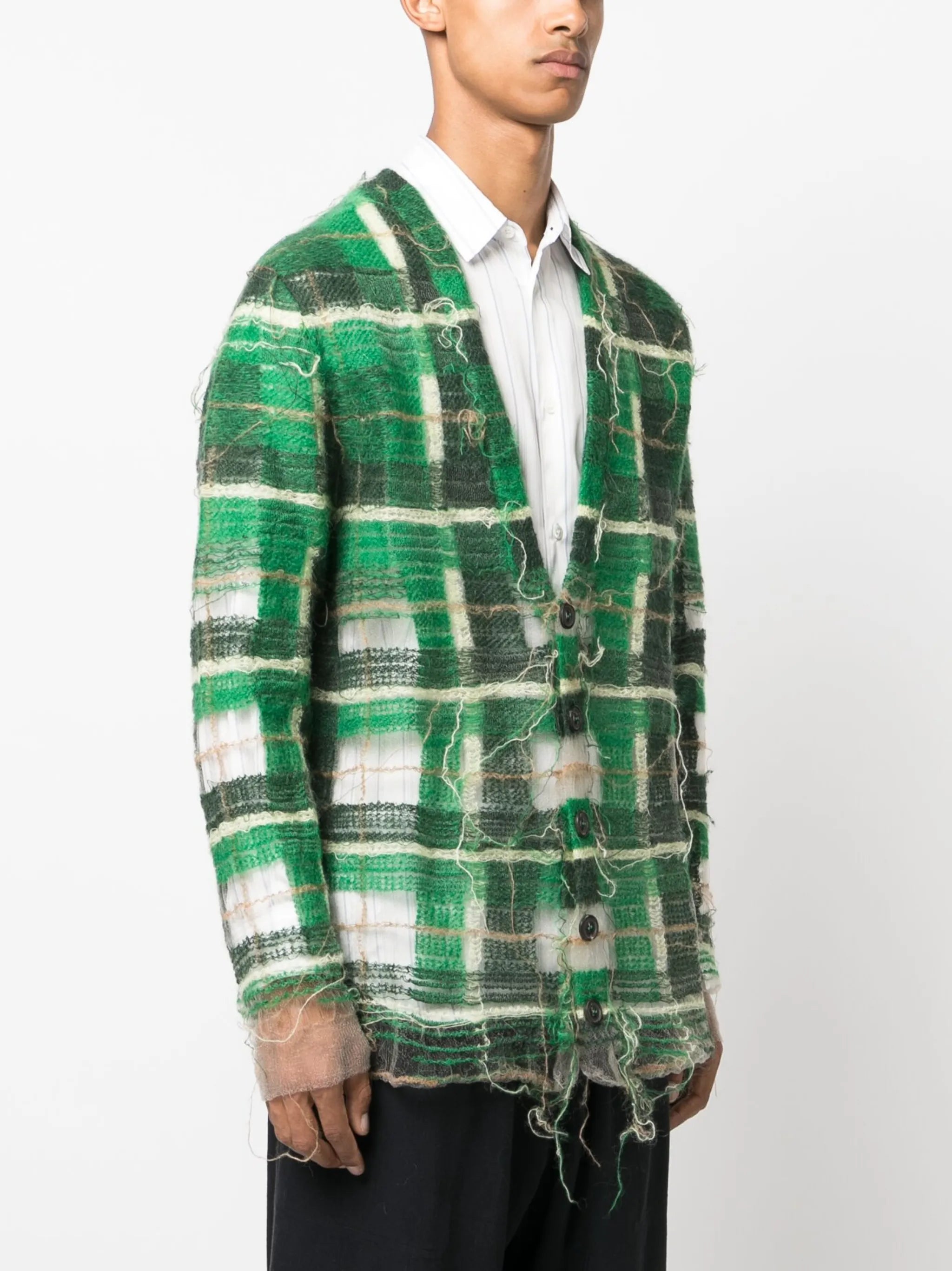 distressed checked cardigan