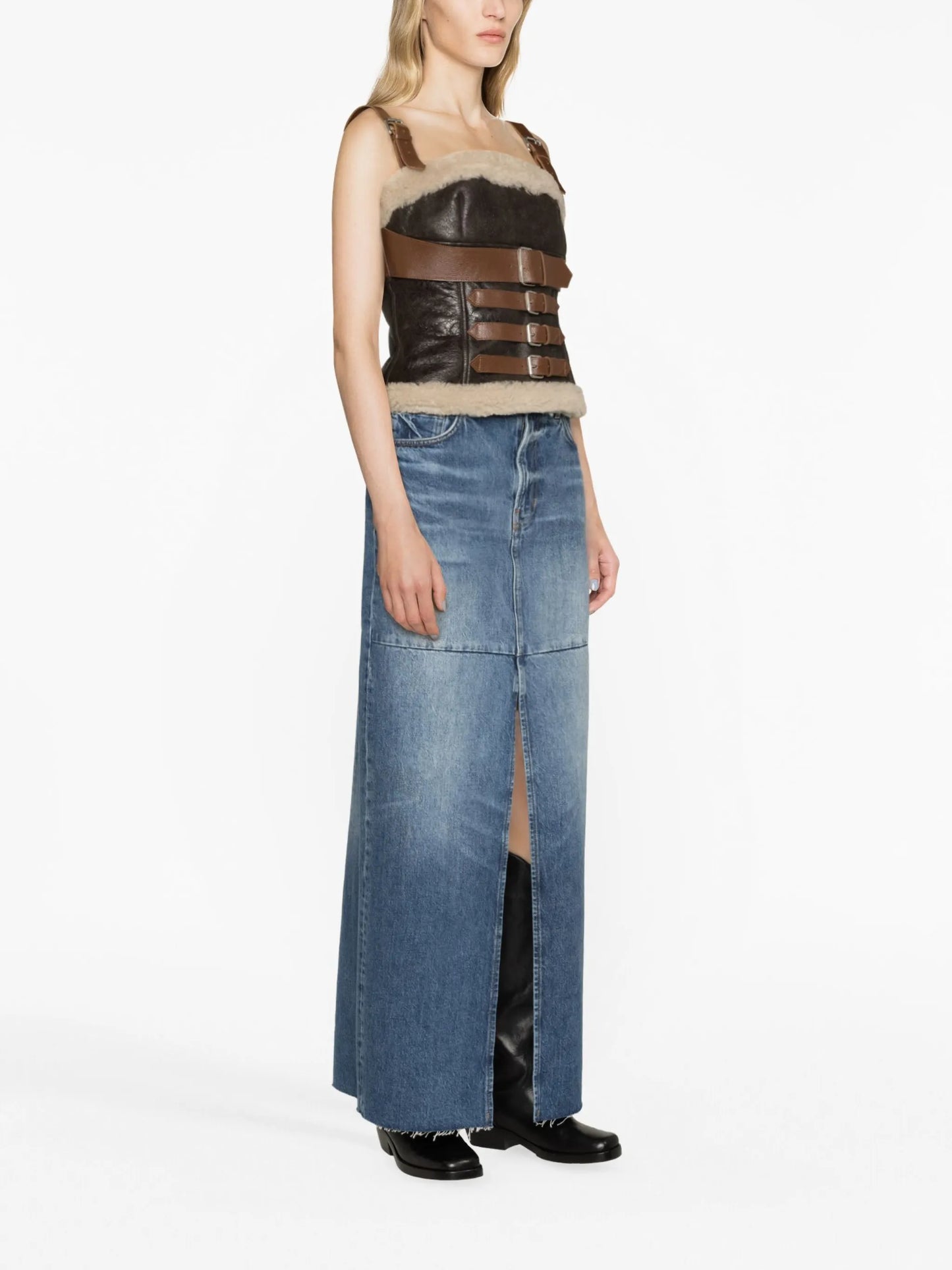 shearling-trim leather tank top