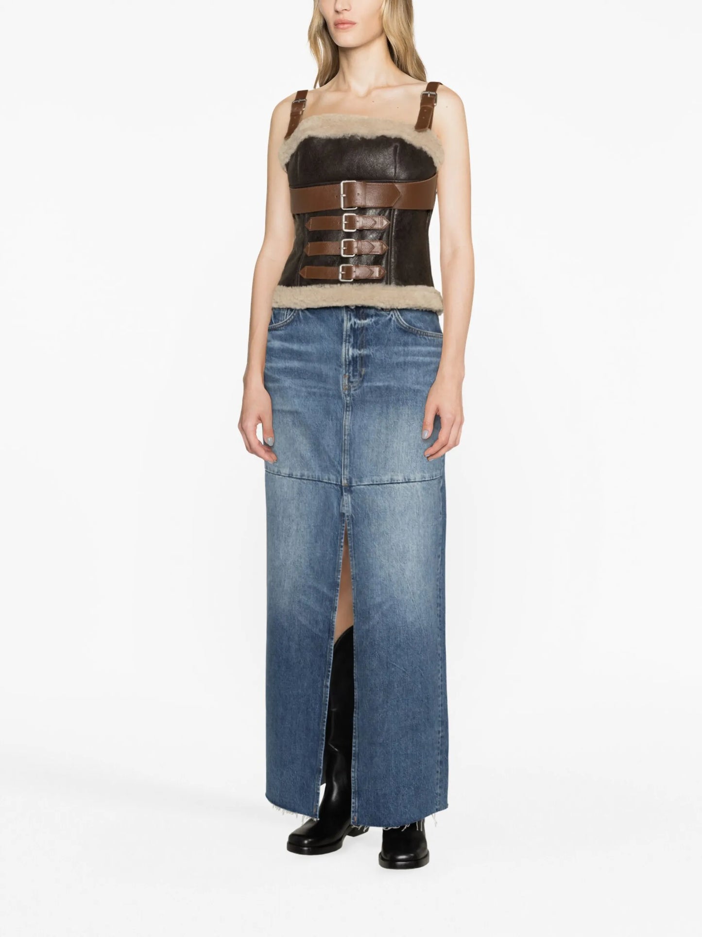 shearling-trim leather tank top