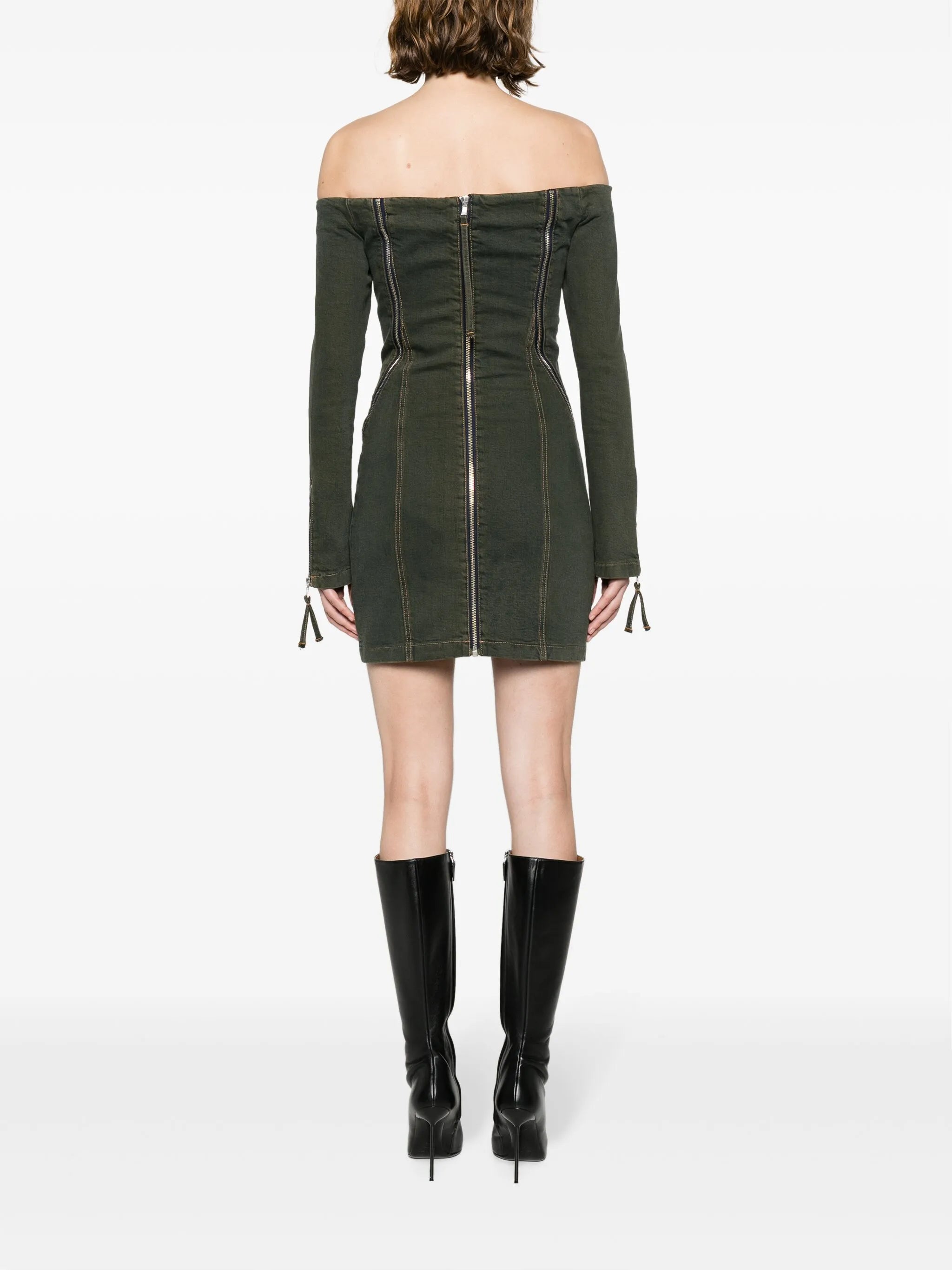 off-shoulder denim minidress