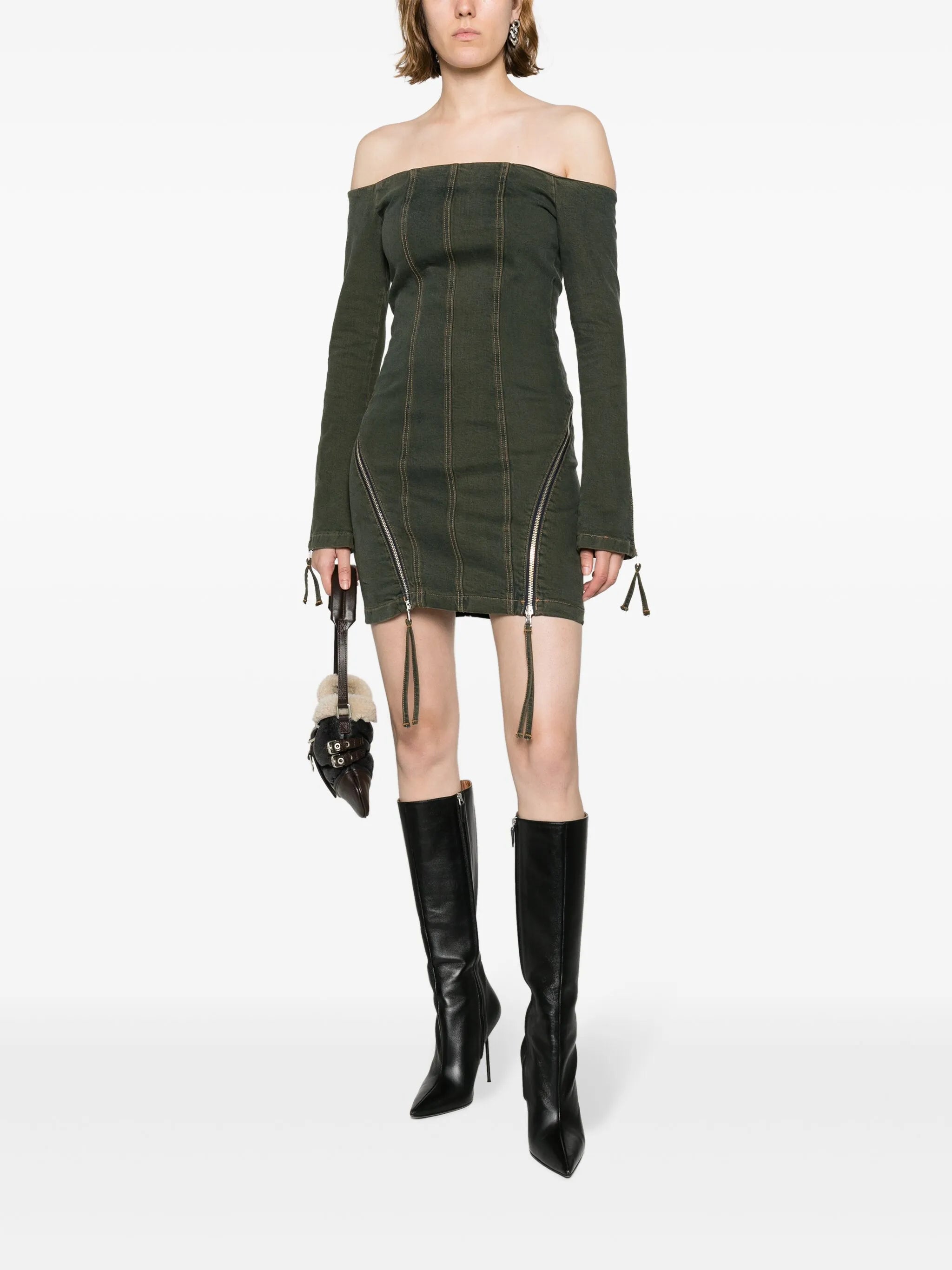 off-shoulder denim minidress