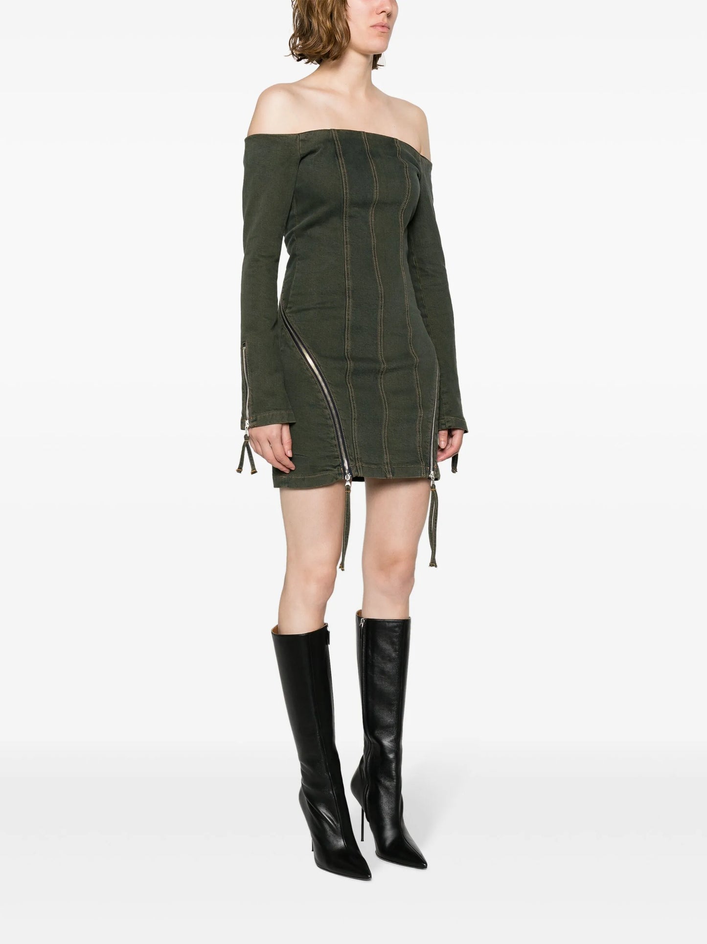 off-shoulder denim minidress