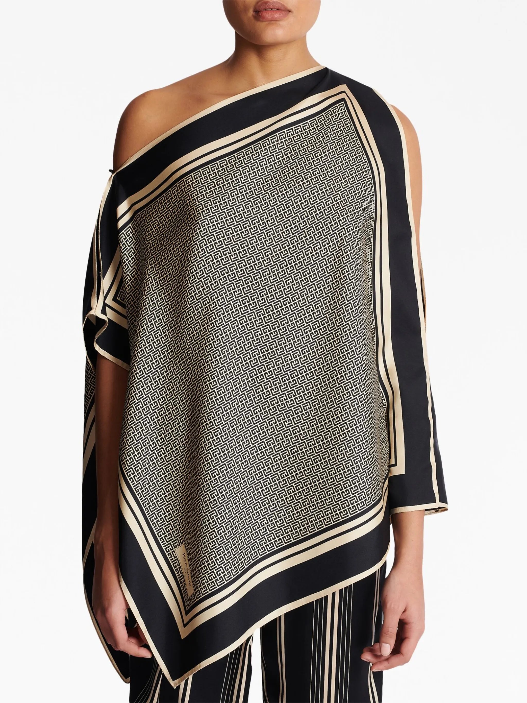 asymmetric monogram silk top