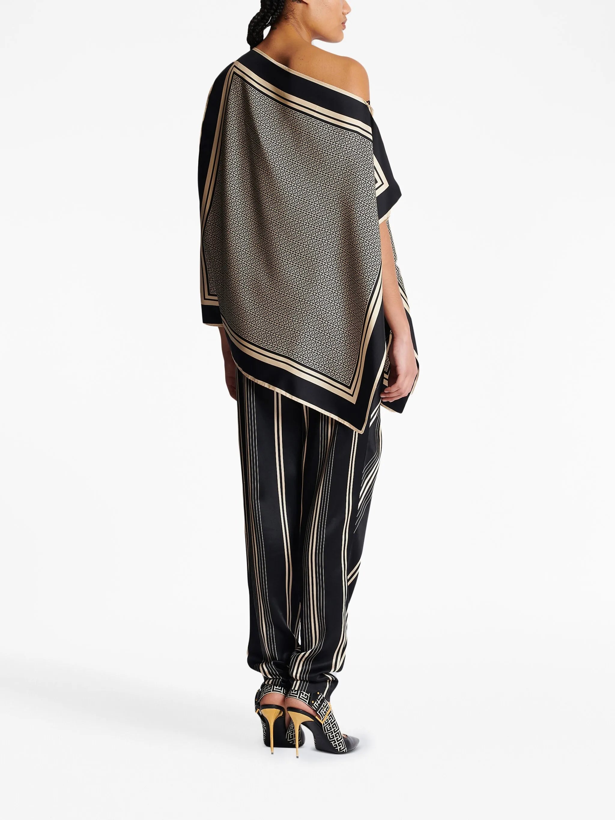 asymmetric monogram silk top