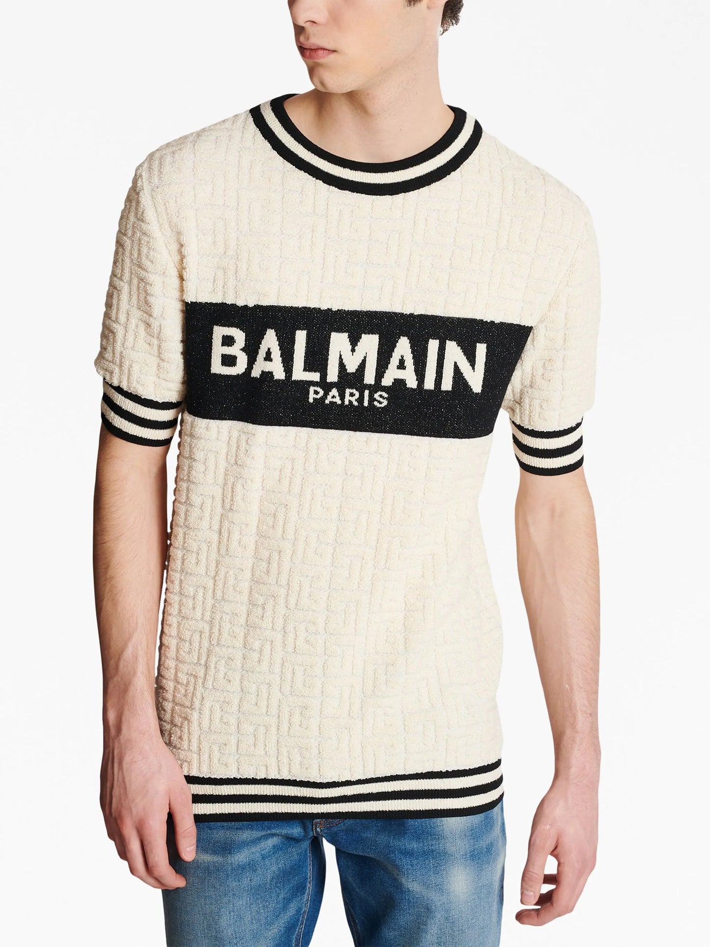 intarsia-knit logo cotton-terry T-shirt
