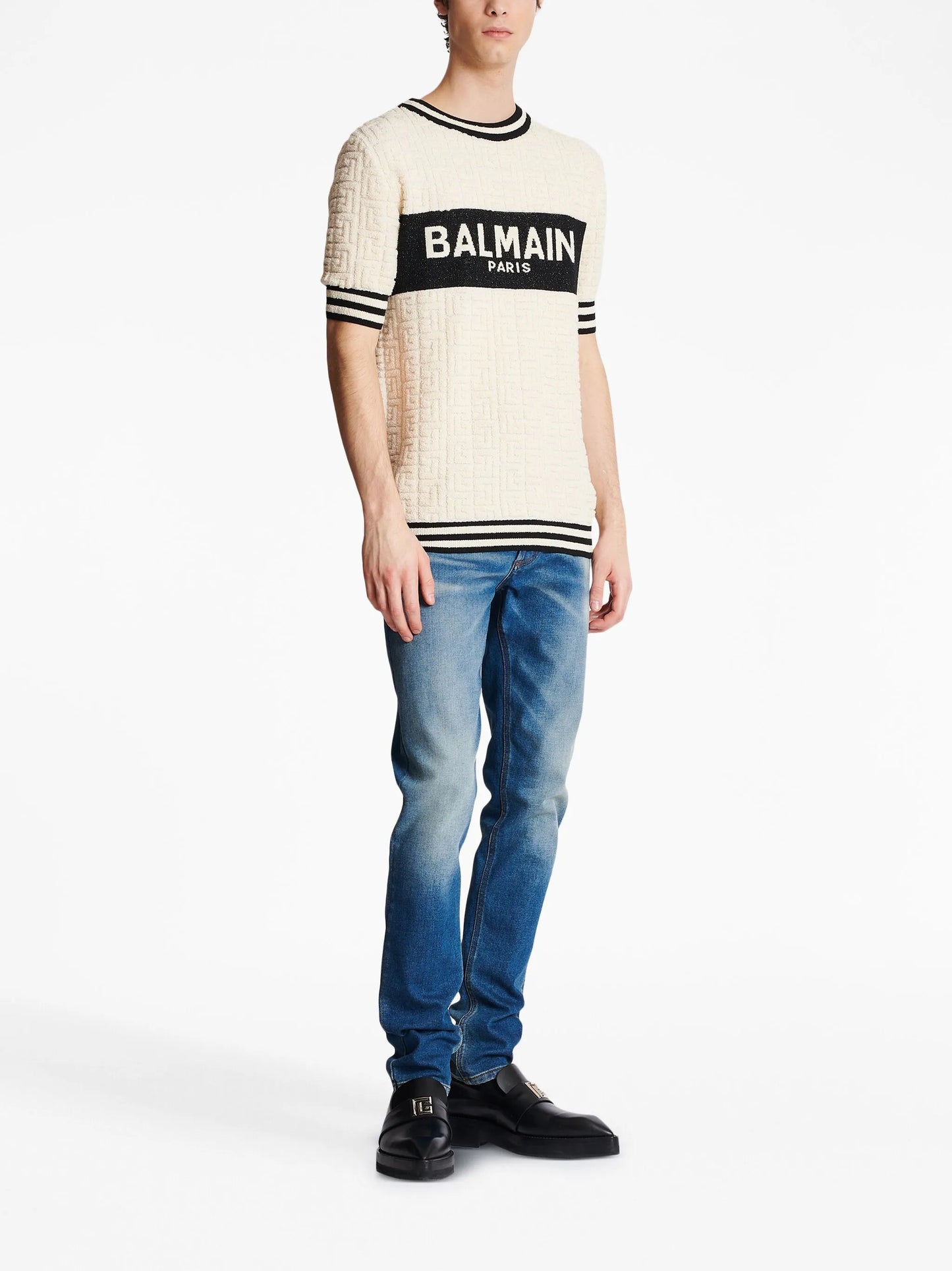intarsia-knit logo cotton-terry T-shirt