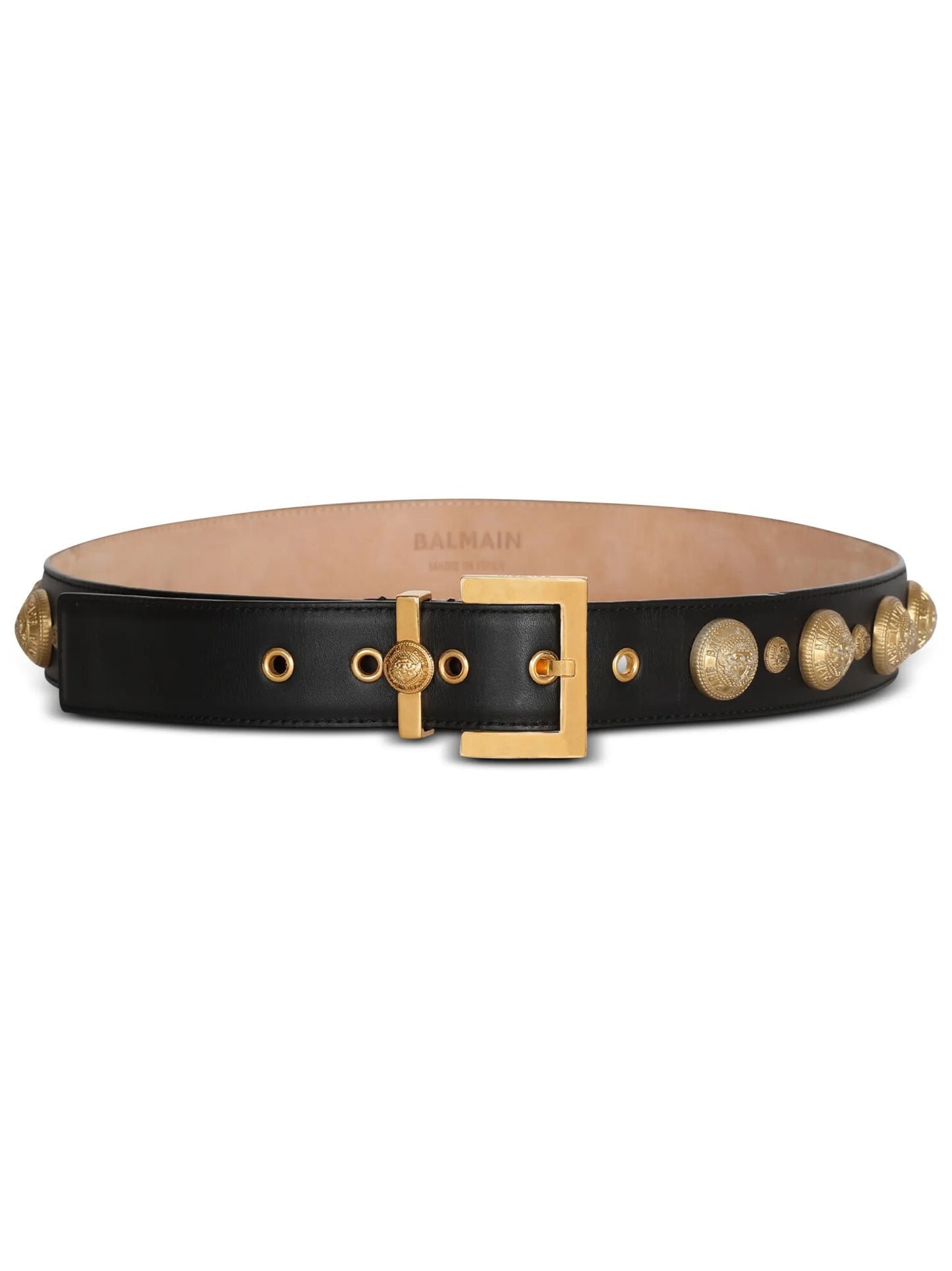 coin-embellished leather belt