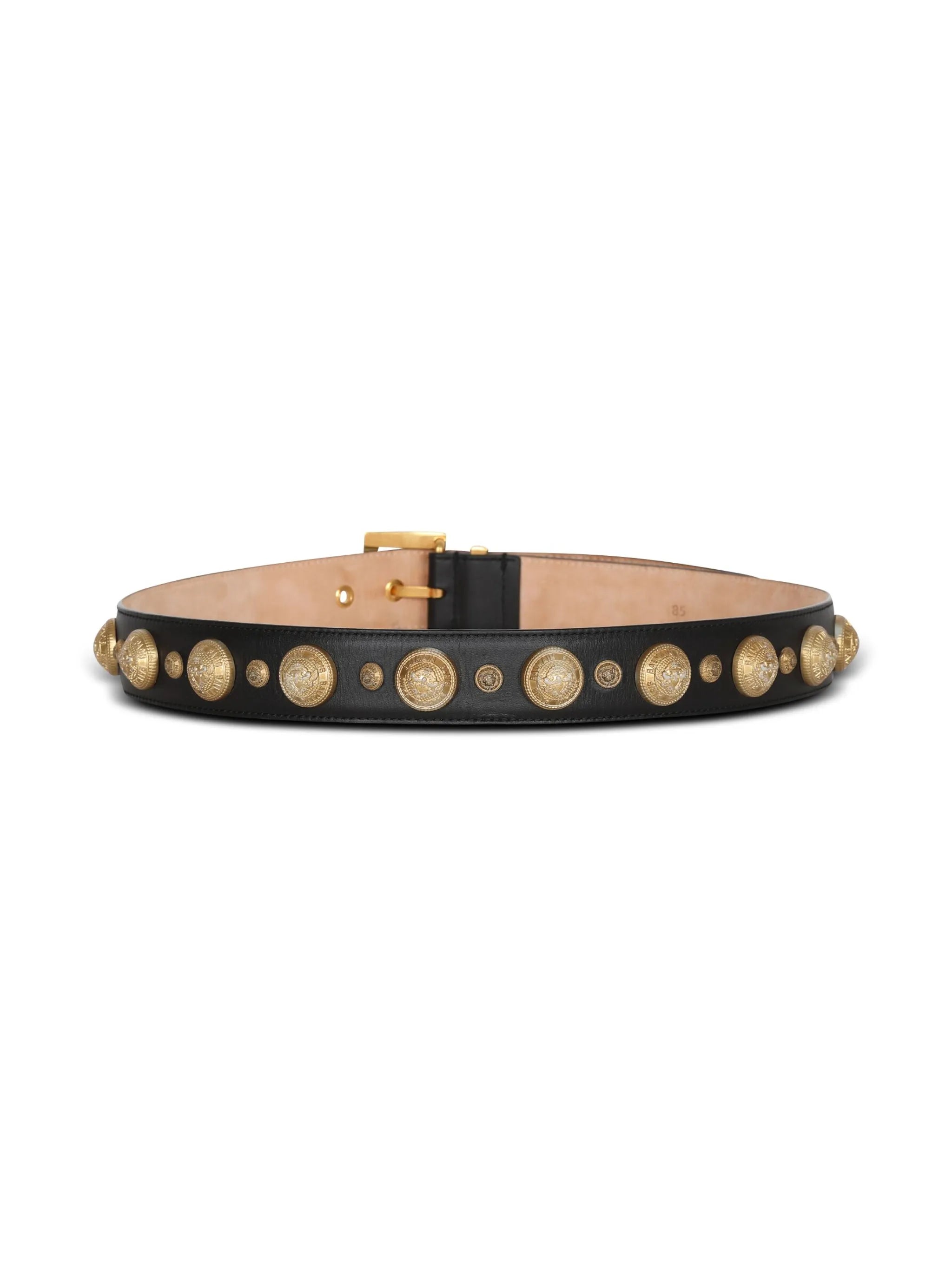 coin-embellished leather belt