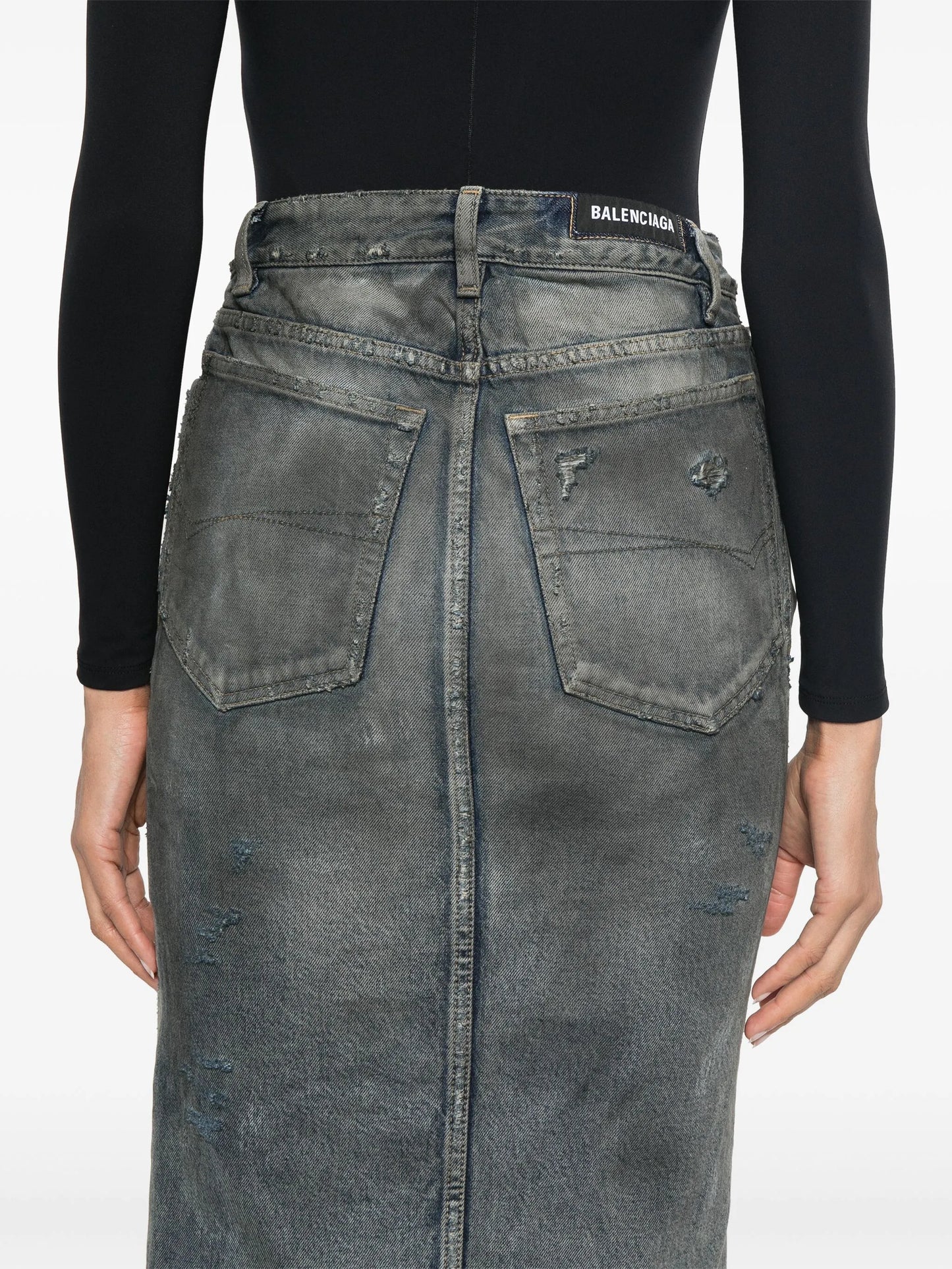 distressed denim maxi skirt
