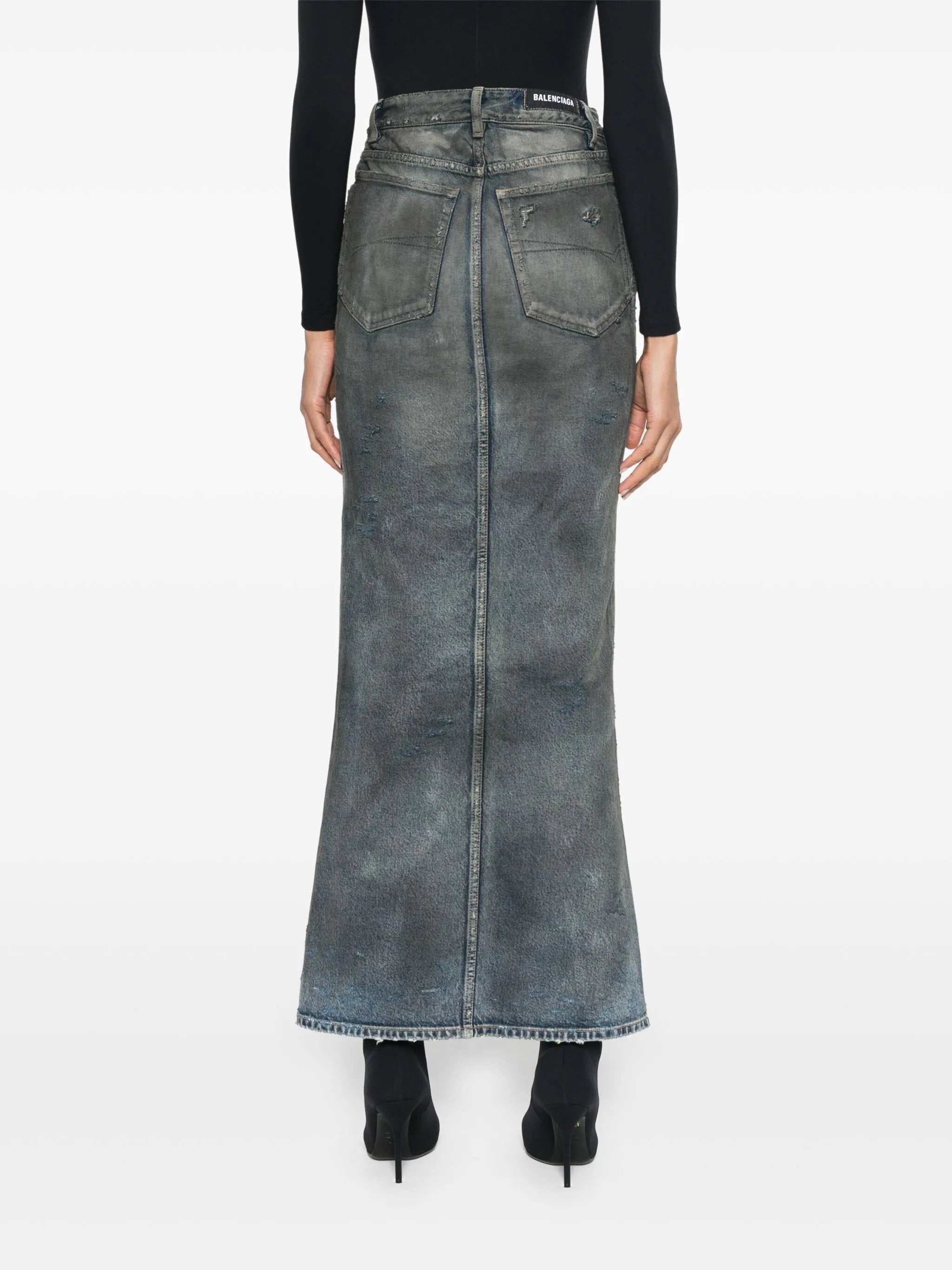 distressed denim maxi skirt