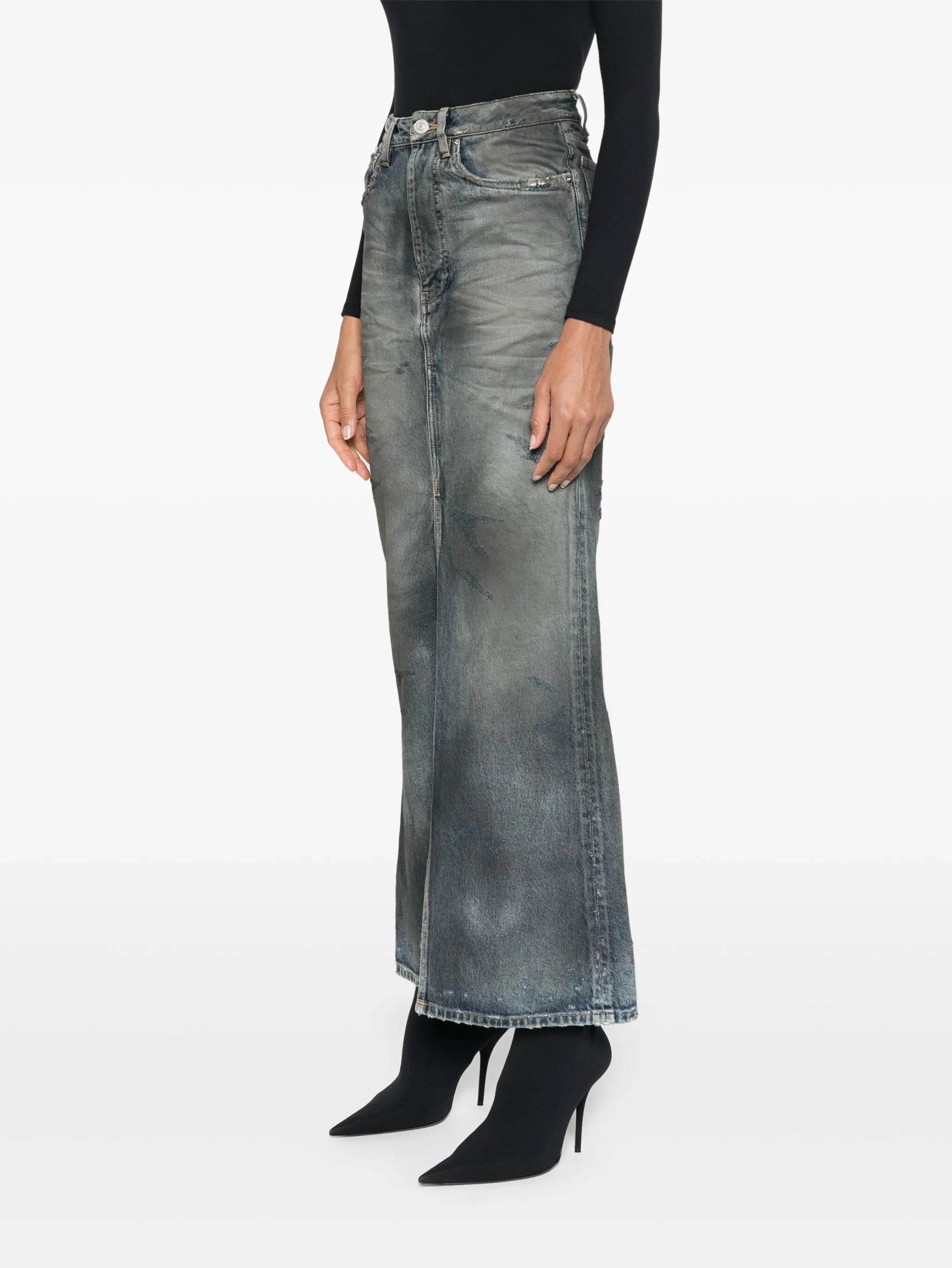 distressed denim maxi skirt