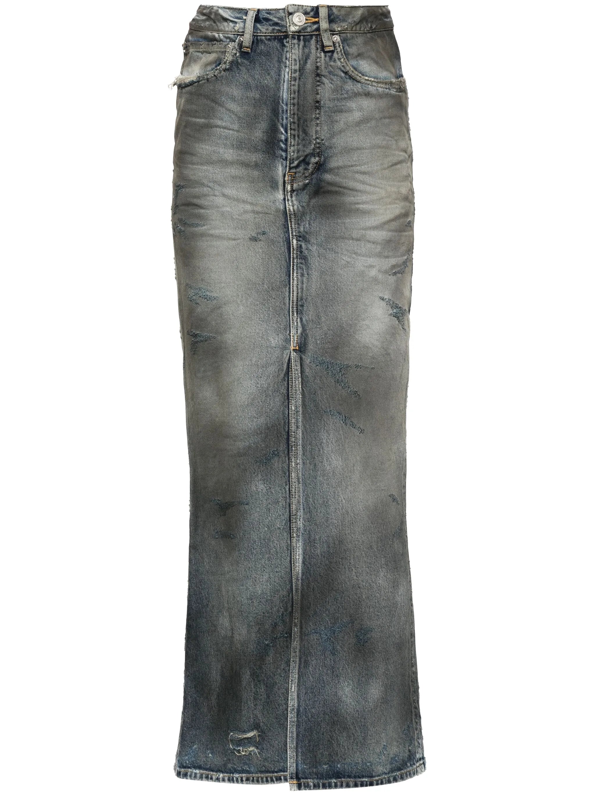 distressed denim maxi skirt
