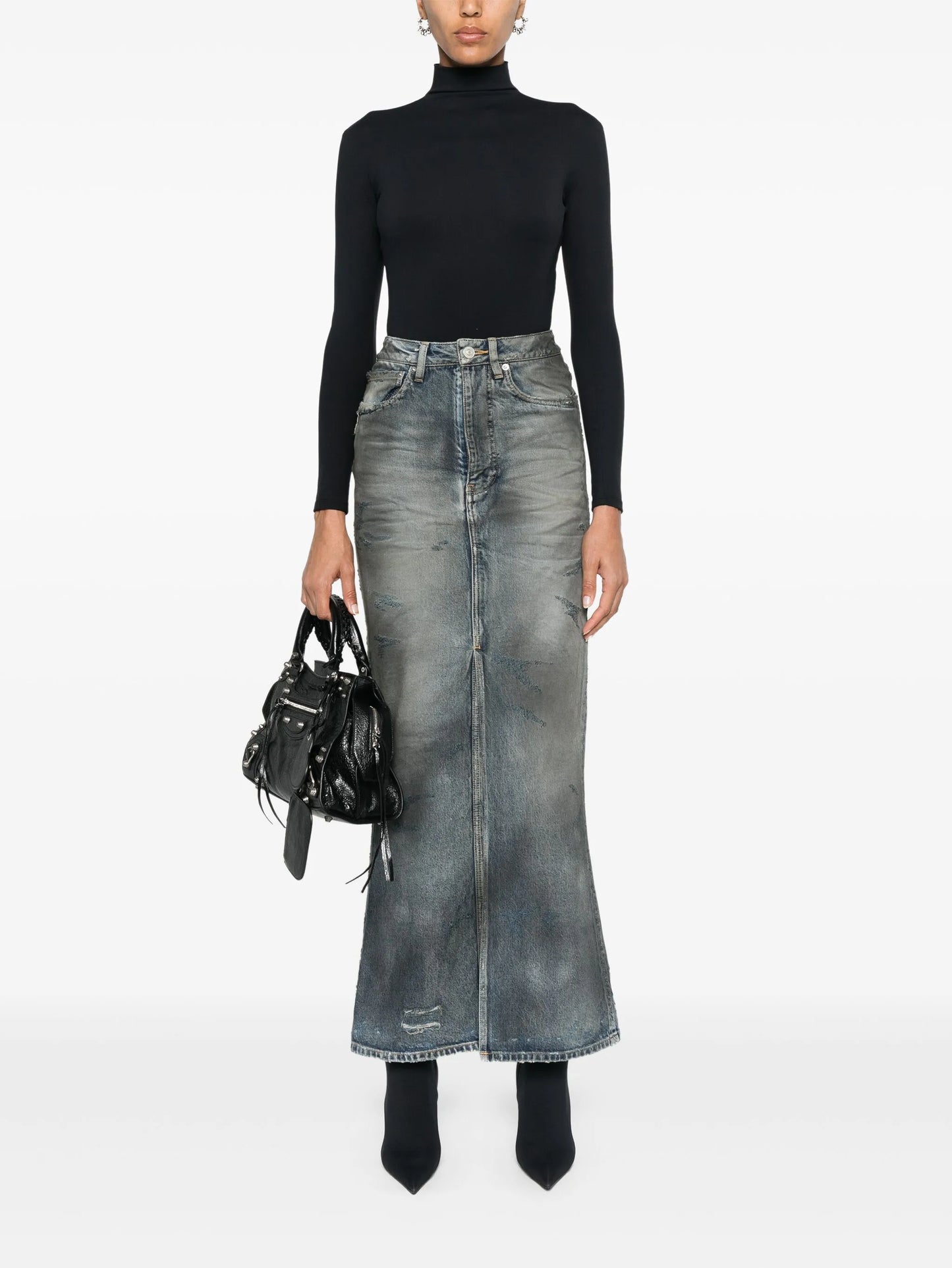 distressed denim maxi skirt