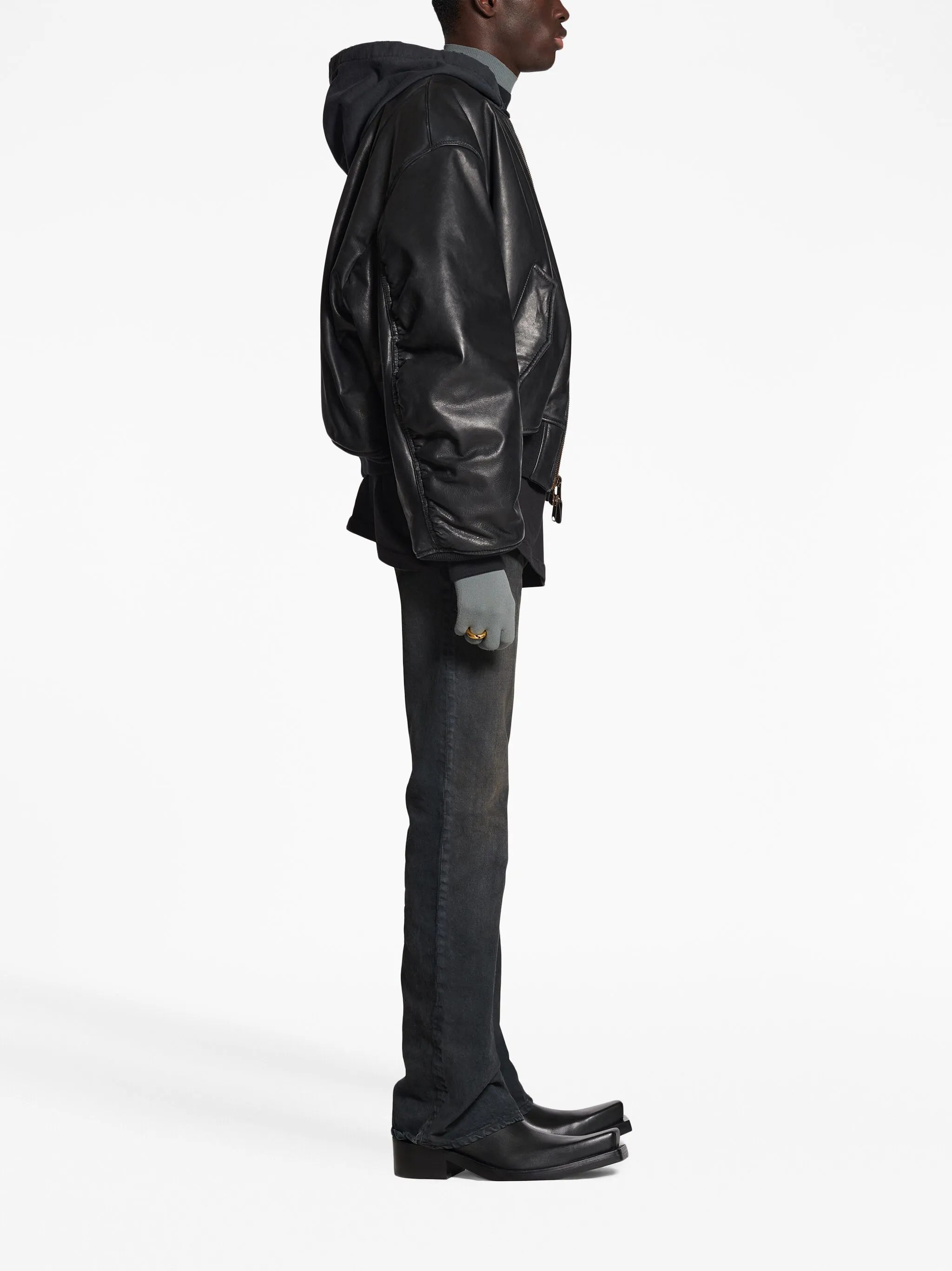 hooded leather bomber jacket