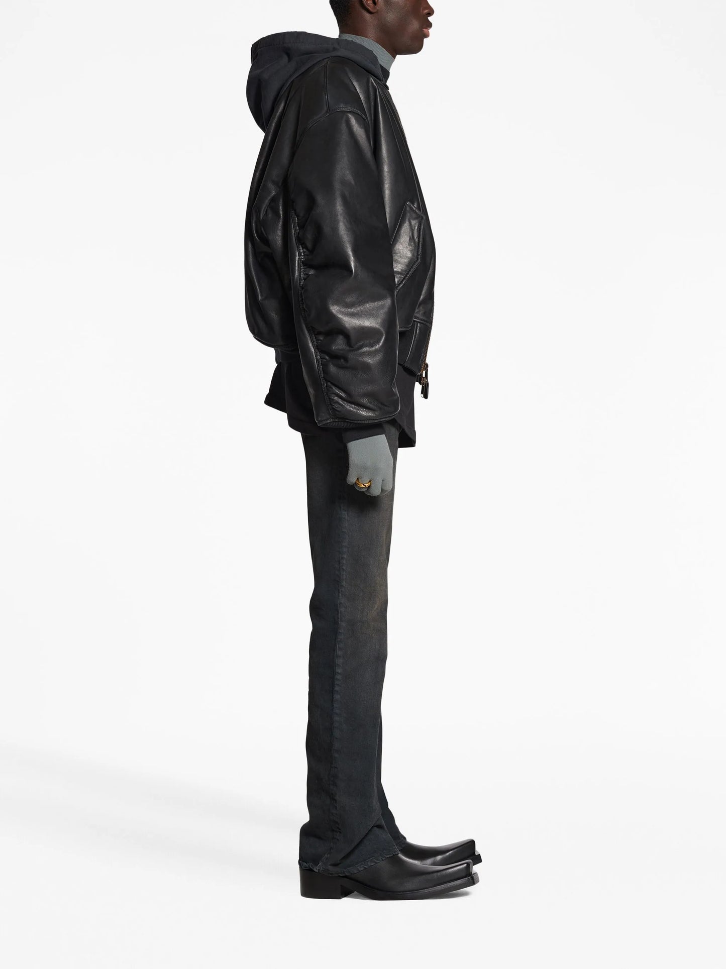 hooded leather bomber jacket