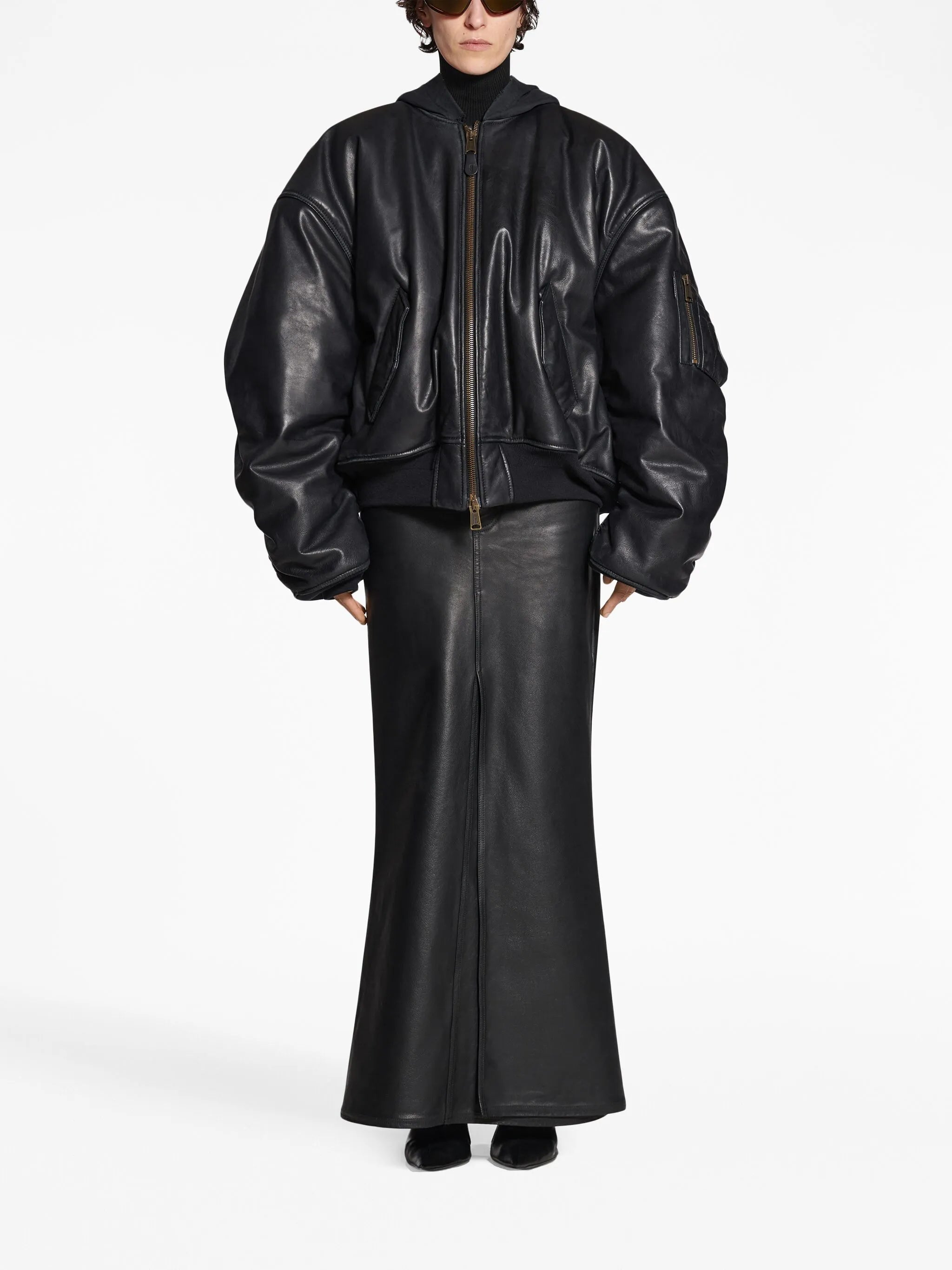 hooded leather bomber jacket