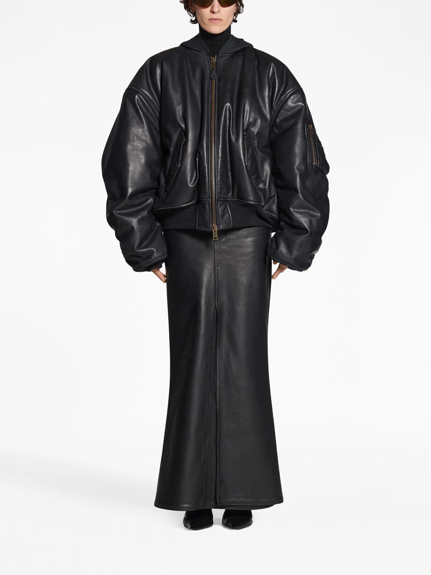 hooded leather bomber jacket