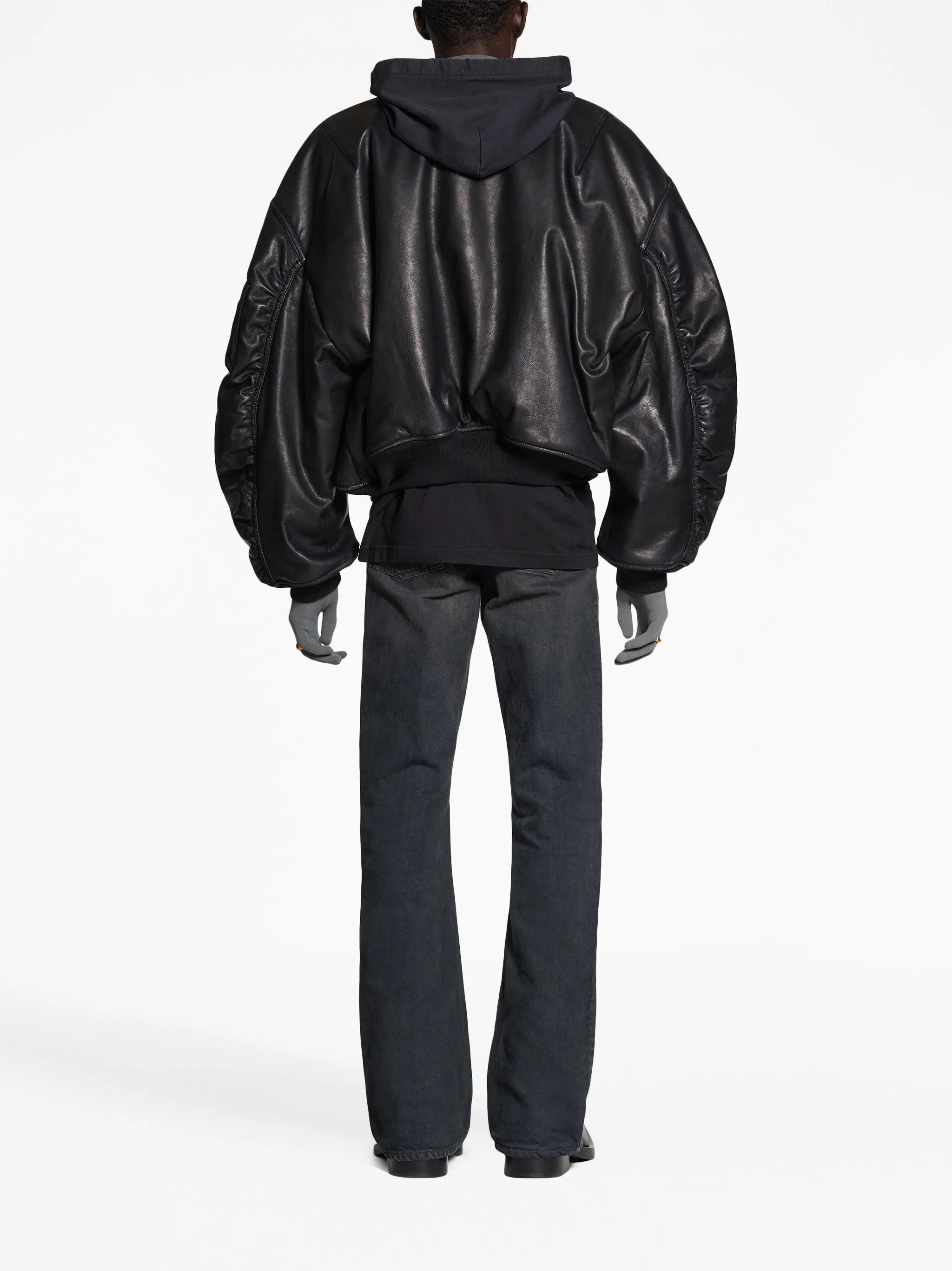 hooded leather bomber jacket