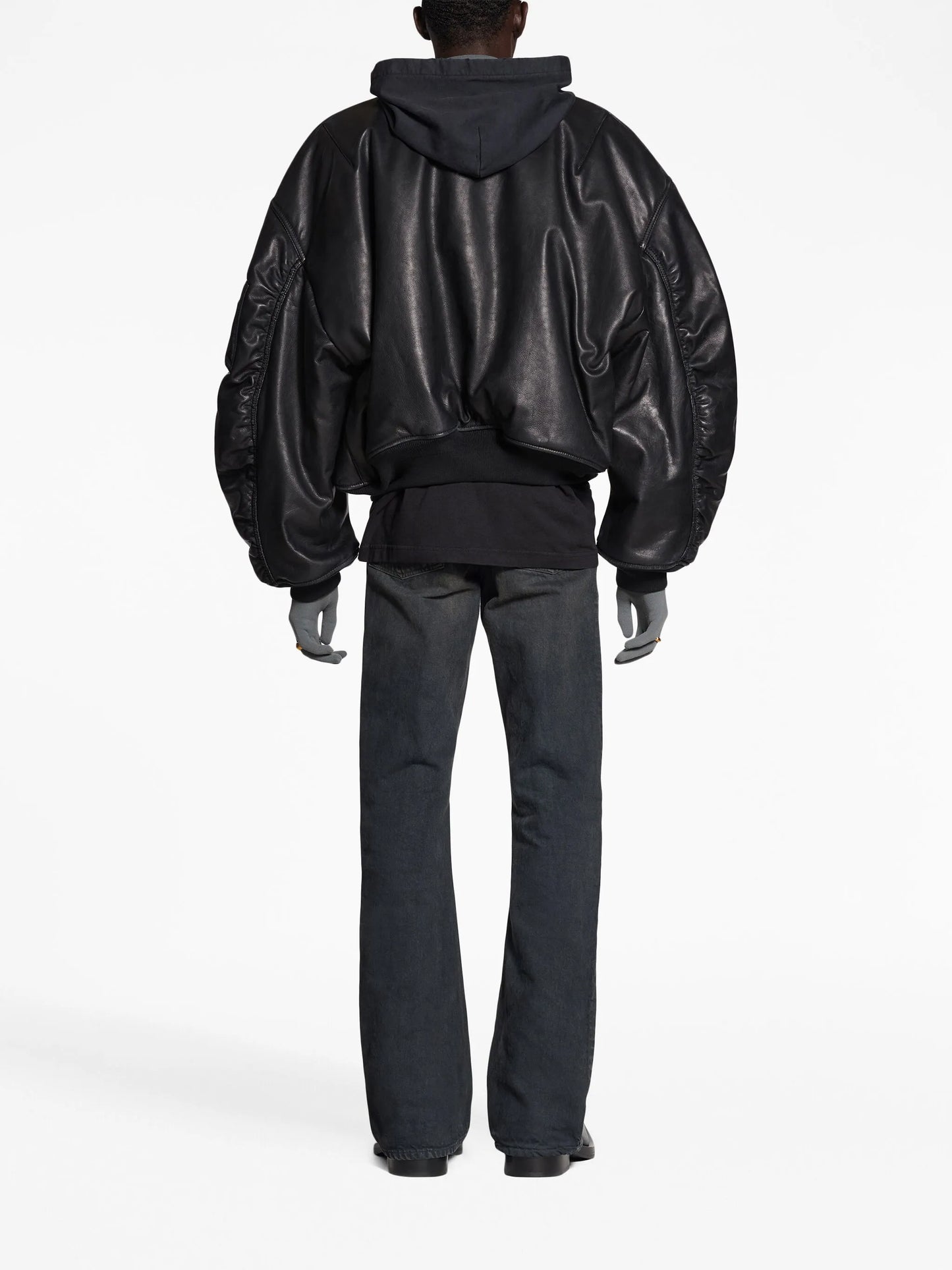 hooded leather bomber jacket