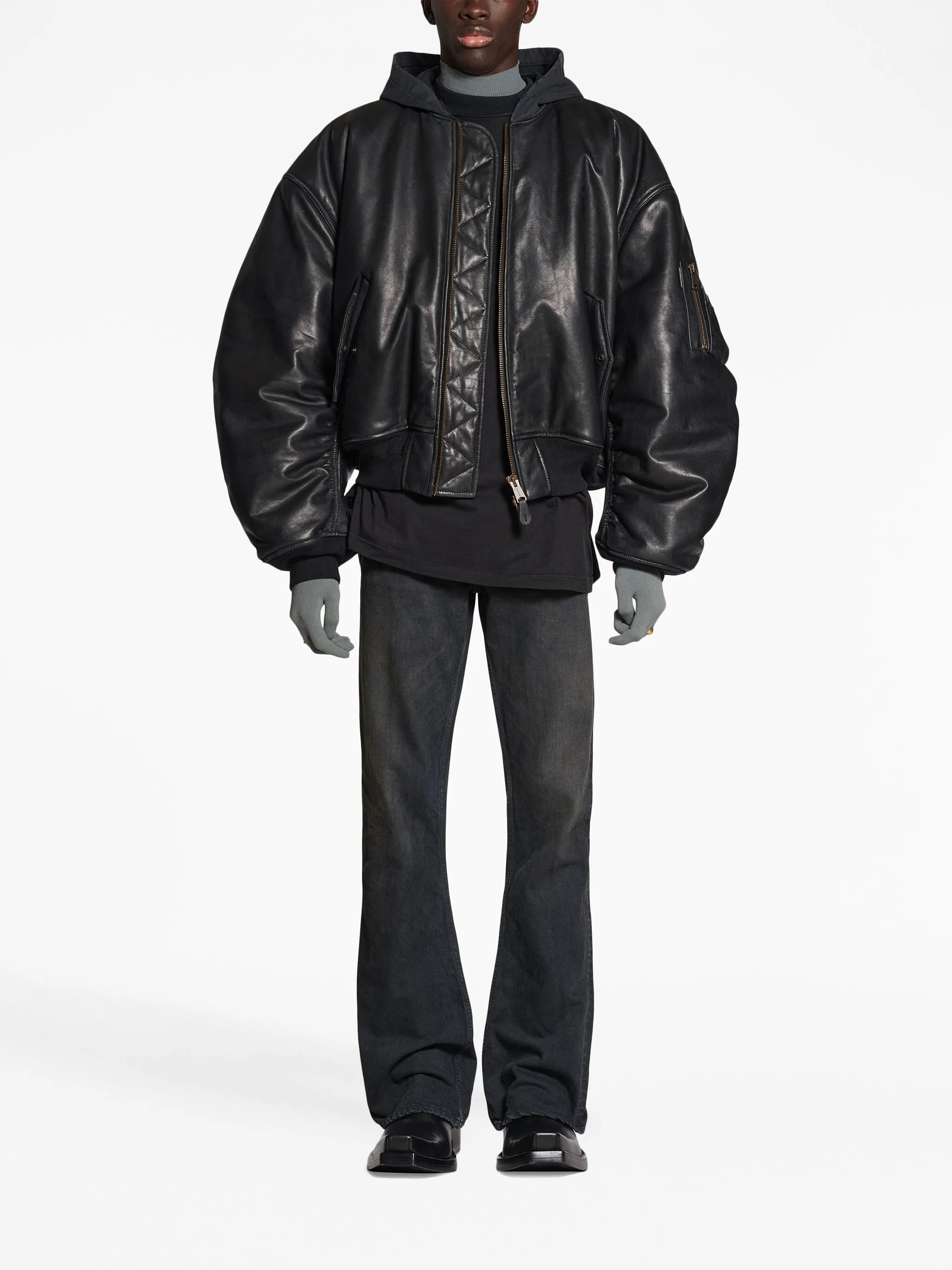 hooded leather bomber jacket