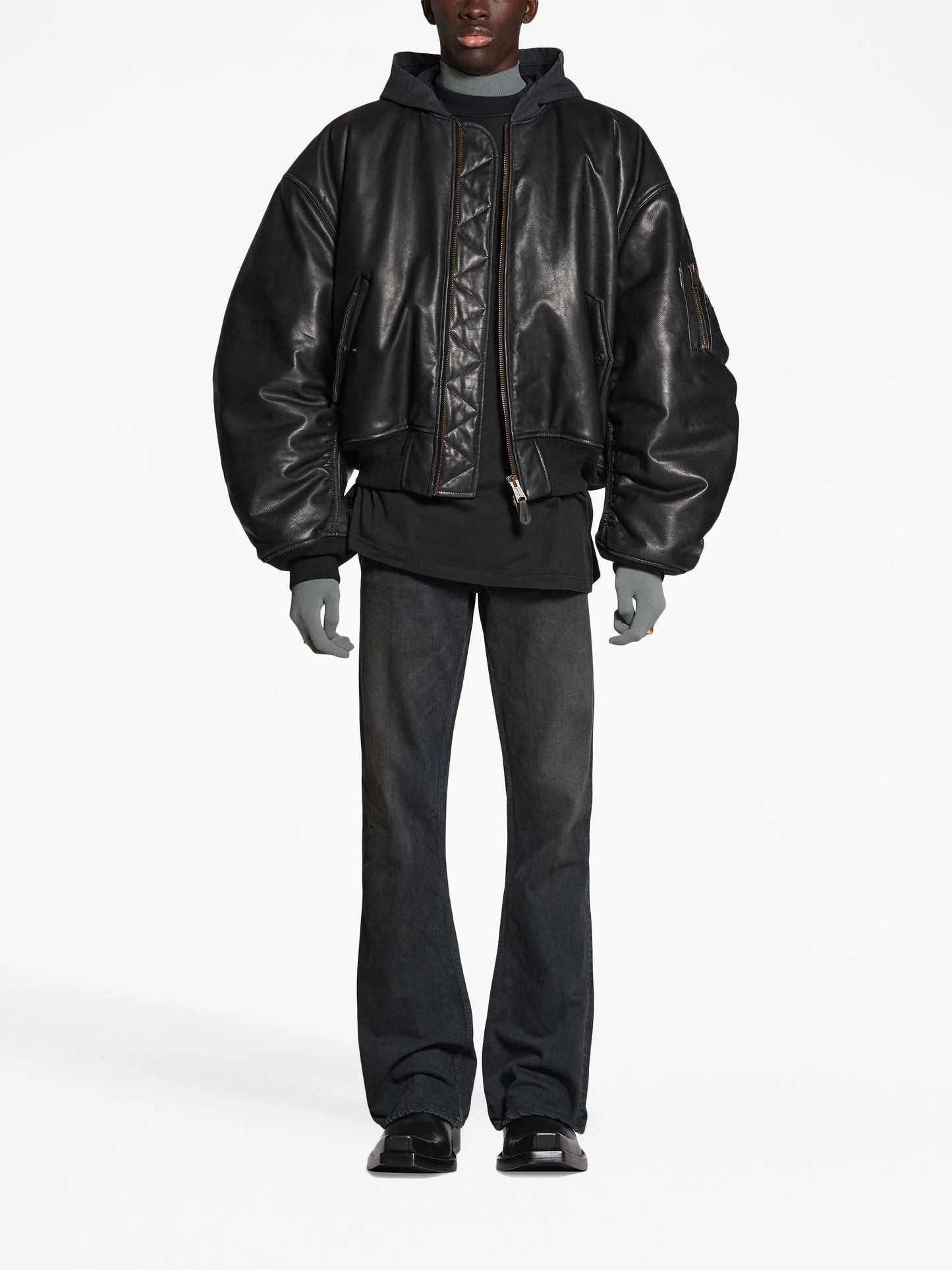 hooded leather bomber jacket