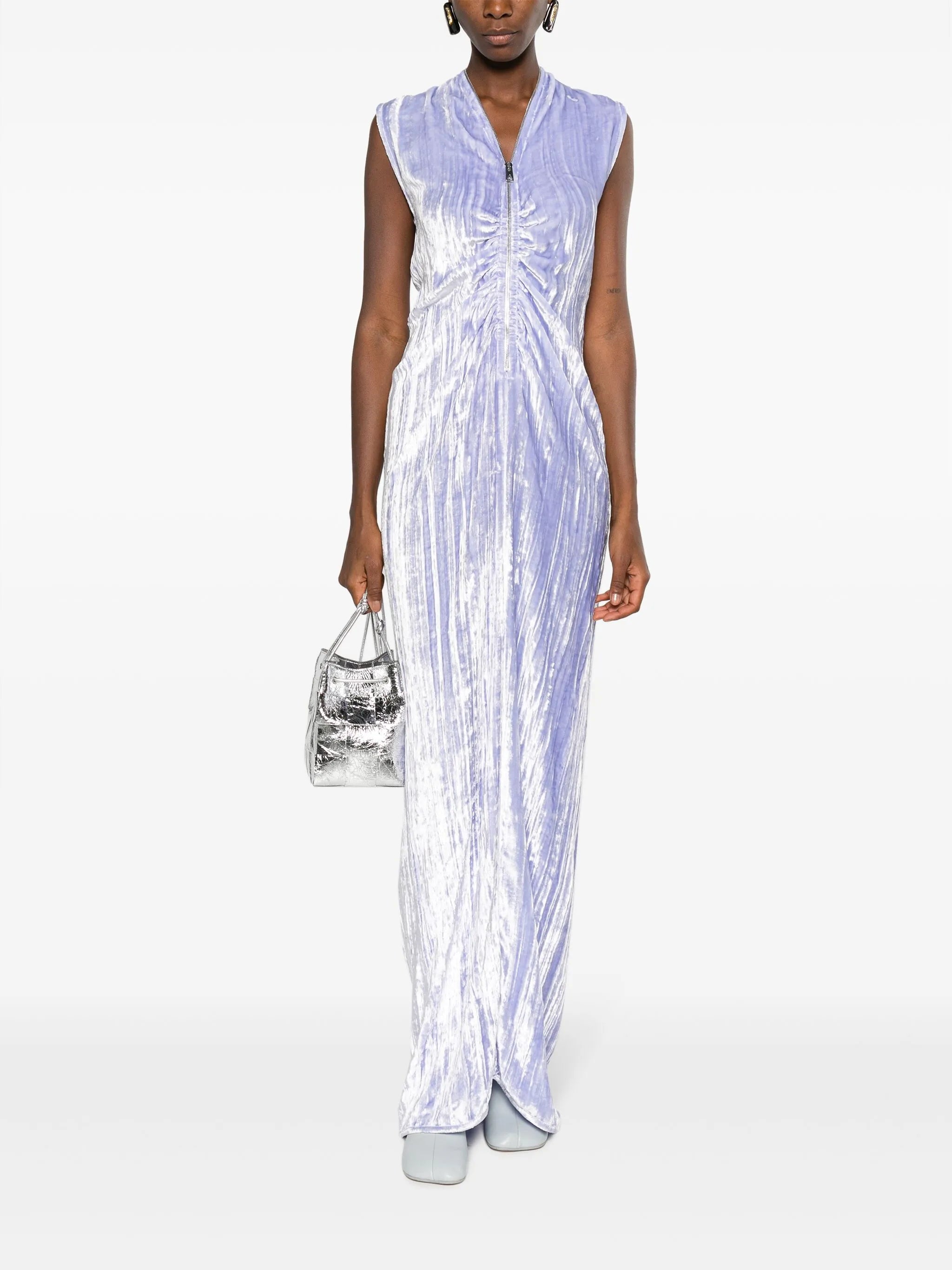 ruched zip-up velvet maxi dress