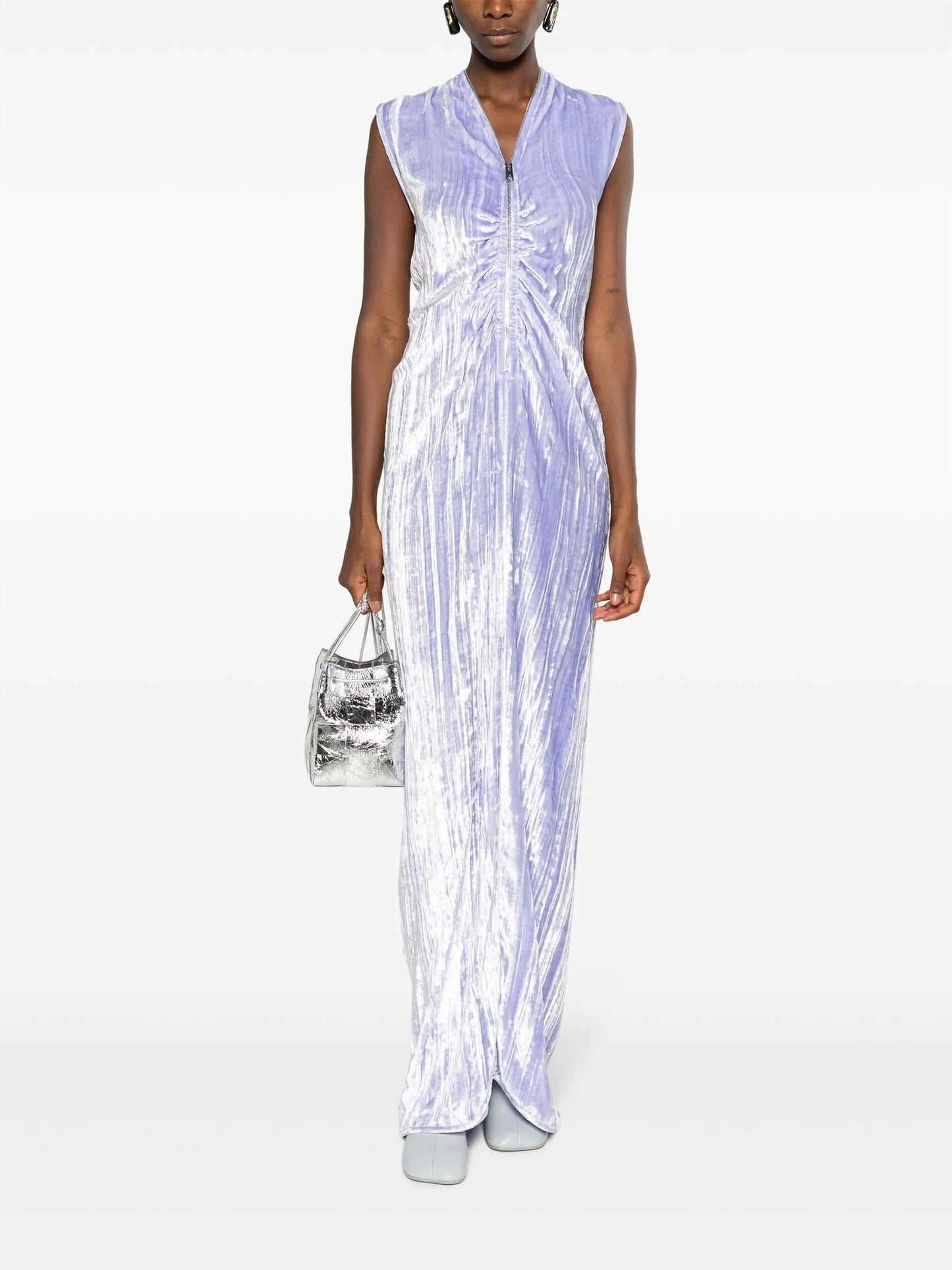 ruched zip-up velvet maxi dress