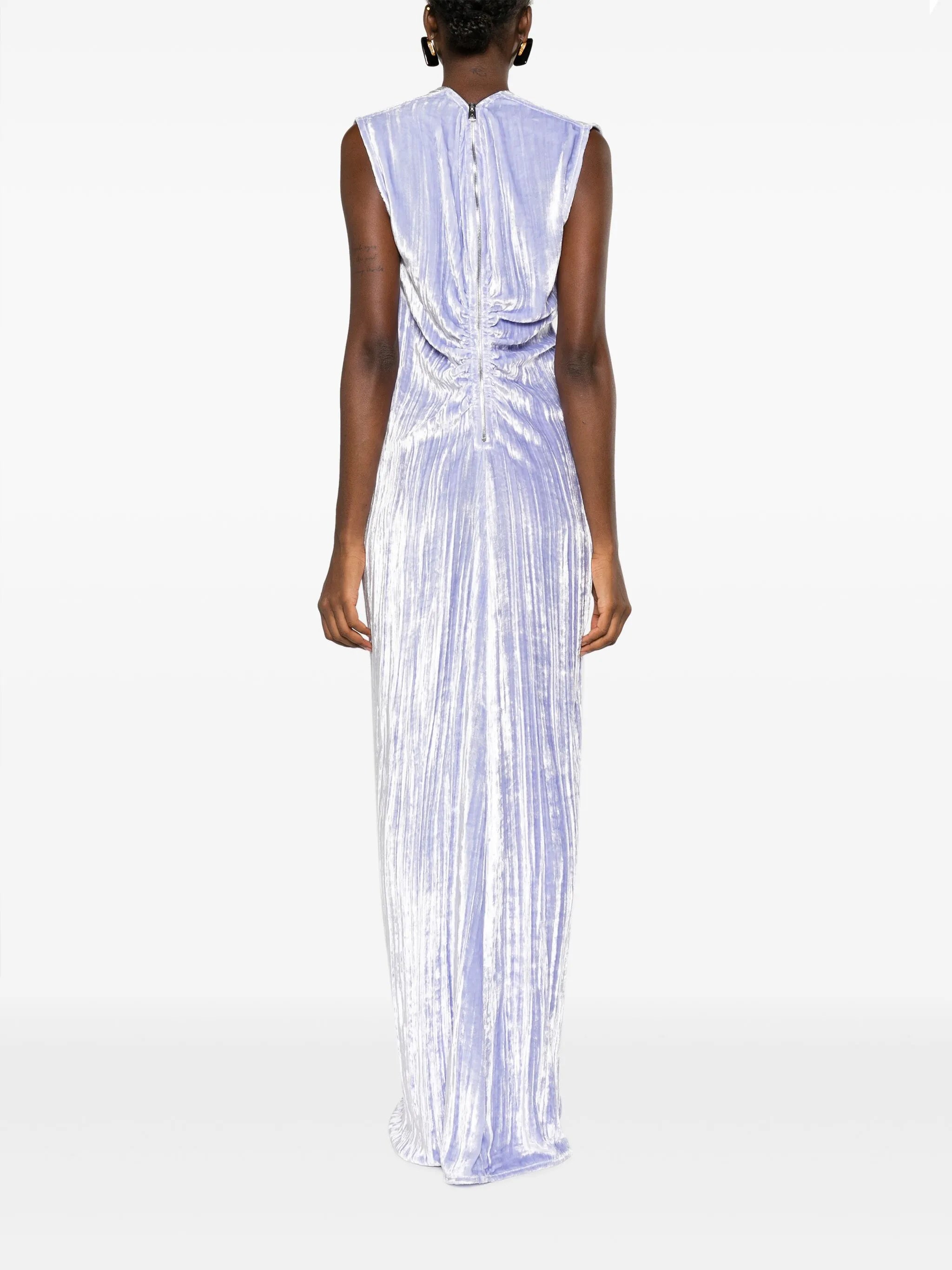 ruched zip-up velvet maxi dress