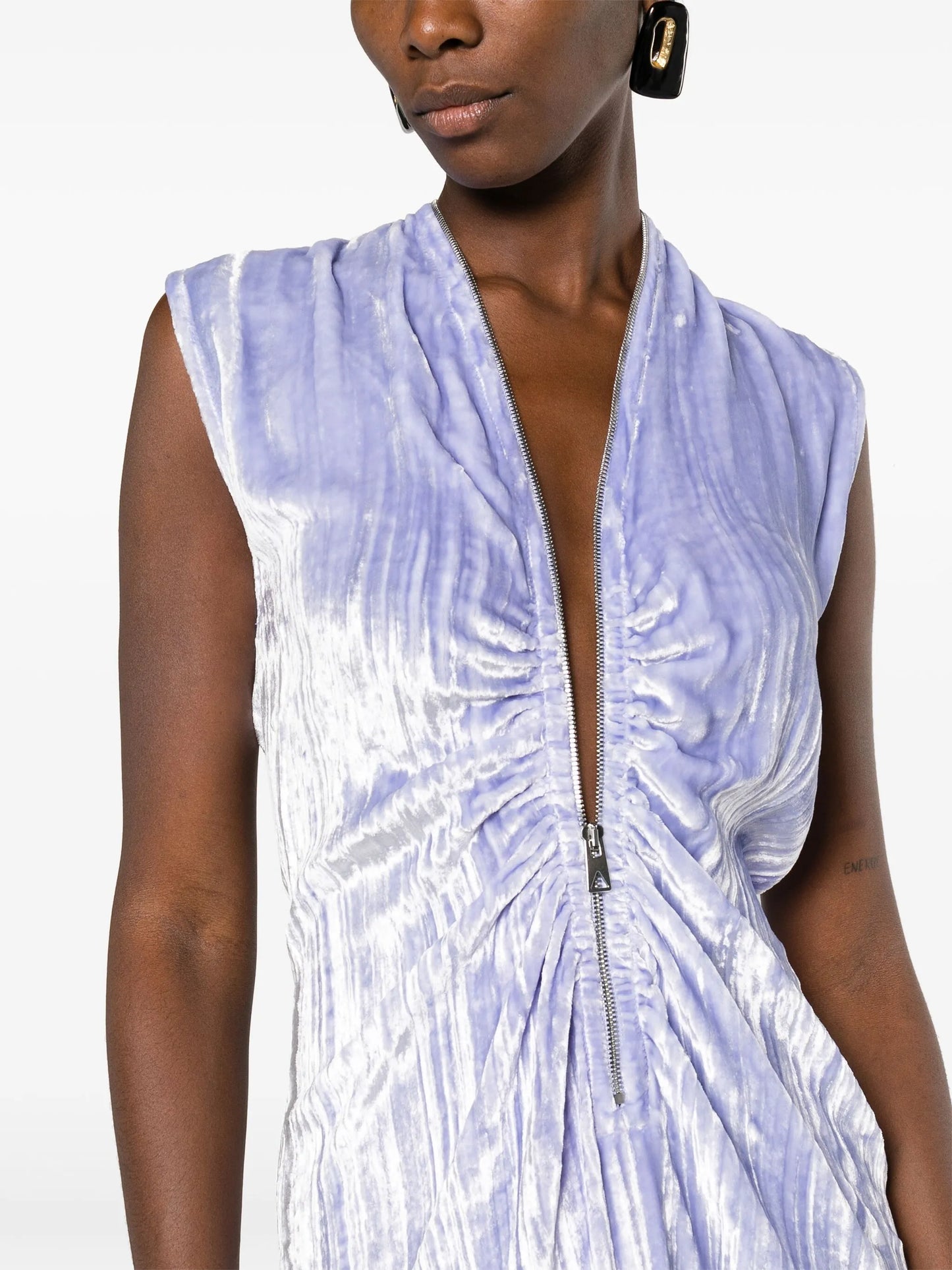 ruched zip-up velvet maxi dress
