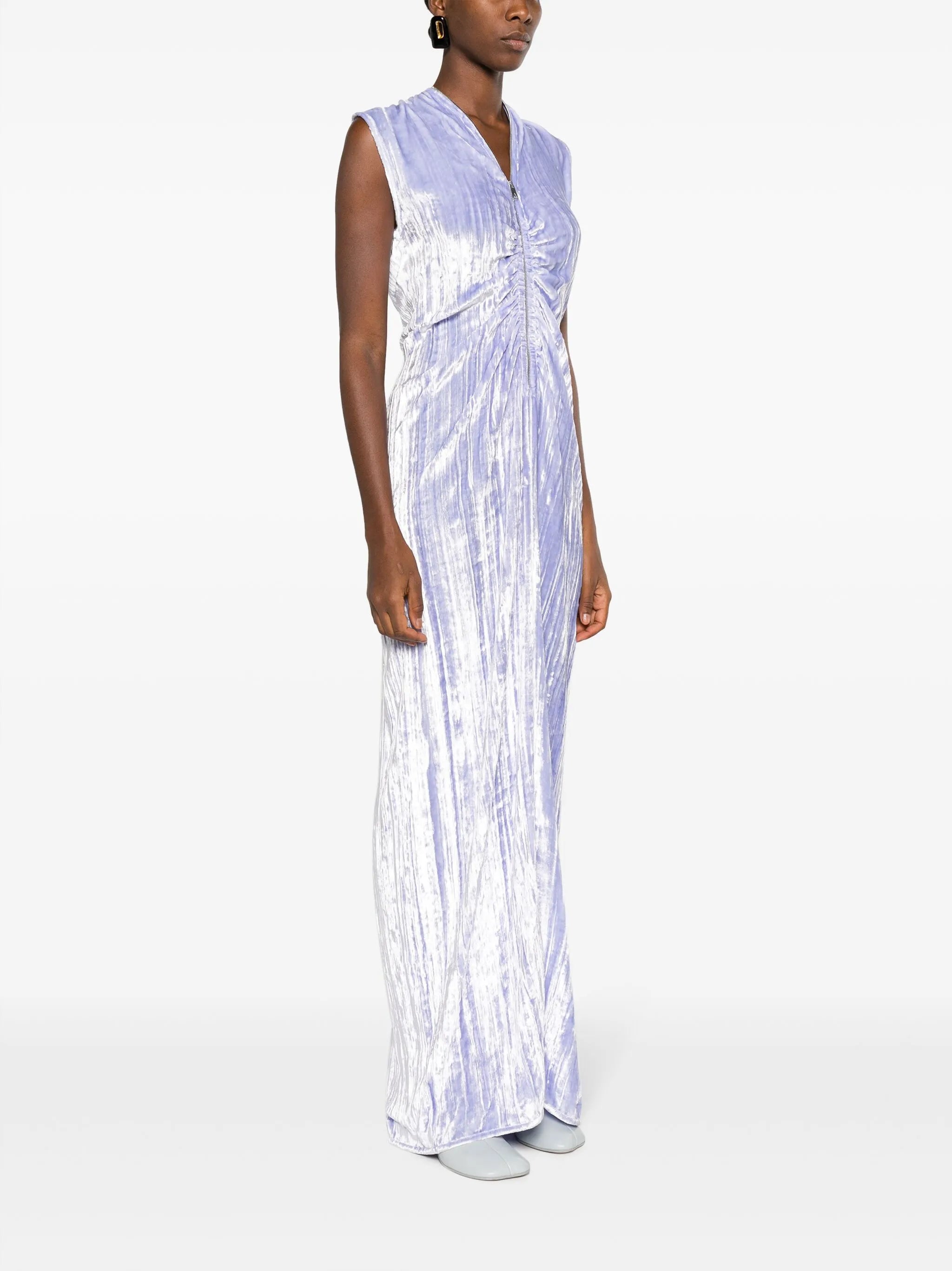 ruched zip-up velvet maxi dress